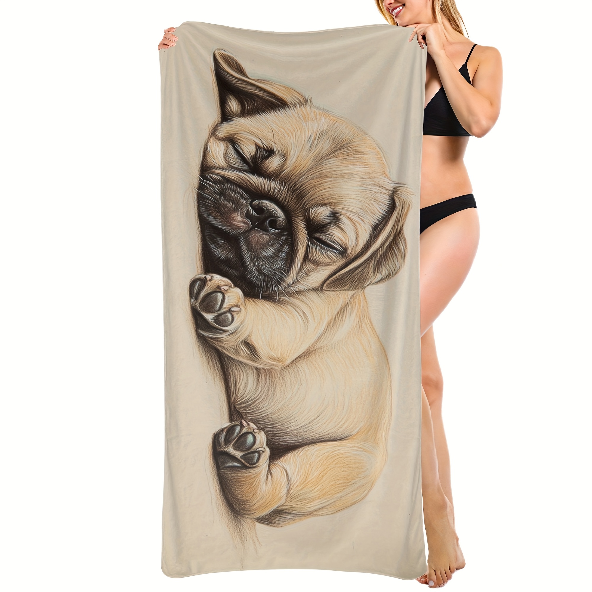 1pc Microfiber Beach Towel With Sleeping Pug Puppy Pattern Lightweight Absorbent Ideal For Yoga Travel Swimming Beach Fitness Camping Great Gift_voghion.com