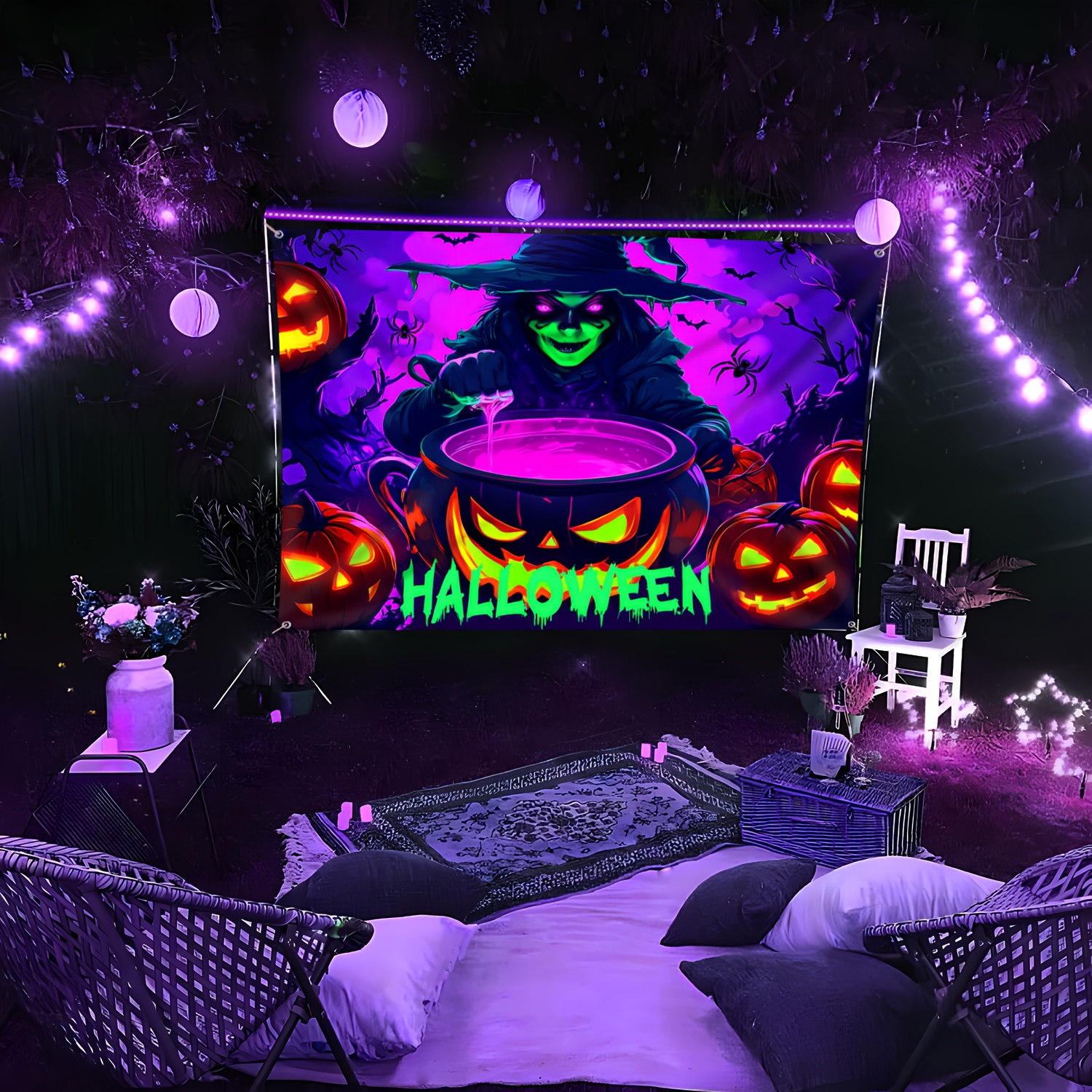 Luce UV nera 1 pezzo Grande dimensione Arazzo paesaggio strega terrificante zucca Halloween Arazzo da parete Sfondo fotografico per feste decorazioni esterne regalo festivo_voghion.com