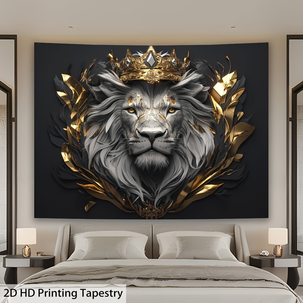 Majestätischer Löwe mit Krone – Horizontaler Wandteppich, 2D-Flachbanner, exquisite Details, verschiedene Größen, kein Stromanschluss erforderlich, Wanddekoration für Wohnzimmer, Schlafzimmer, Büro, Party_voghion.com