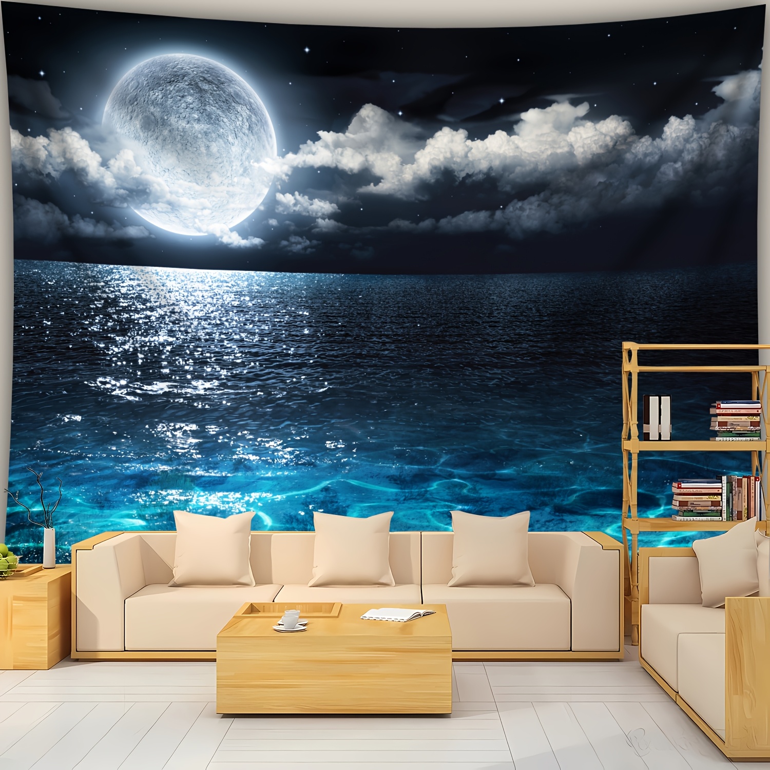 Ultra Large Sea Moon Landscape Wall Hanging Tapestry 1pc Polyester Photo Background Cloth For Room Party Live Decoration With Free Hanging Clips_voghion.com