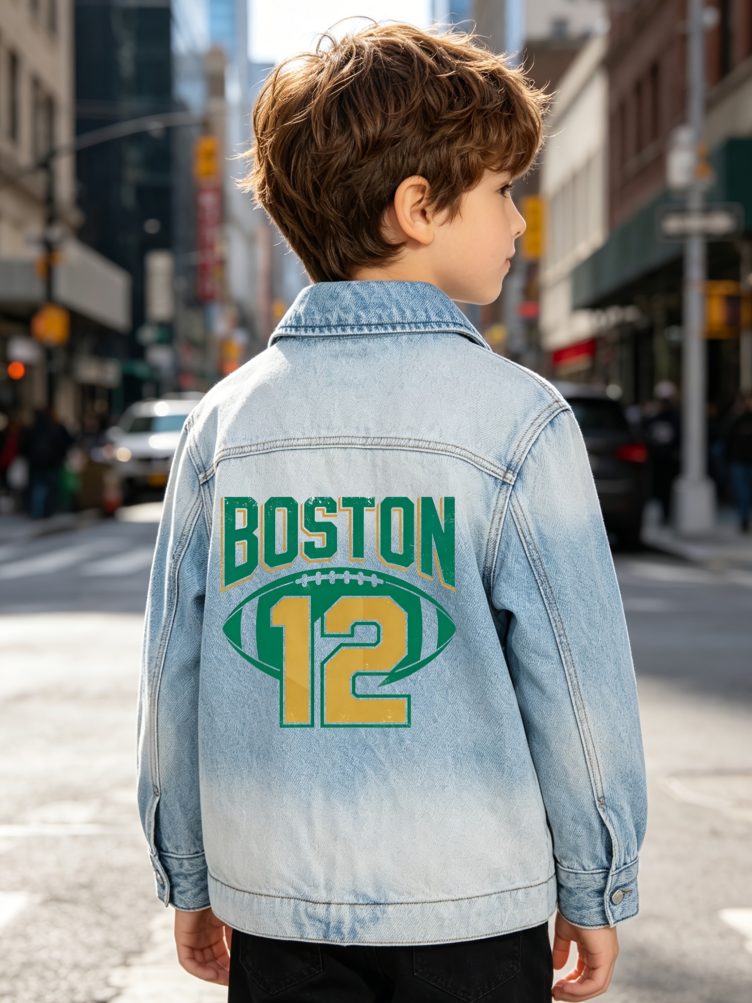 Boston 12 Football Emblem Print Boys' Zipper Denim Jacket, Suitable For Boys Aged 14 And Under In All Four Seasons, Casual Pocket Denim Jacket_voghion.com