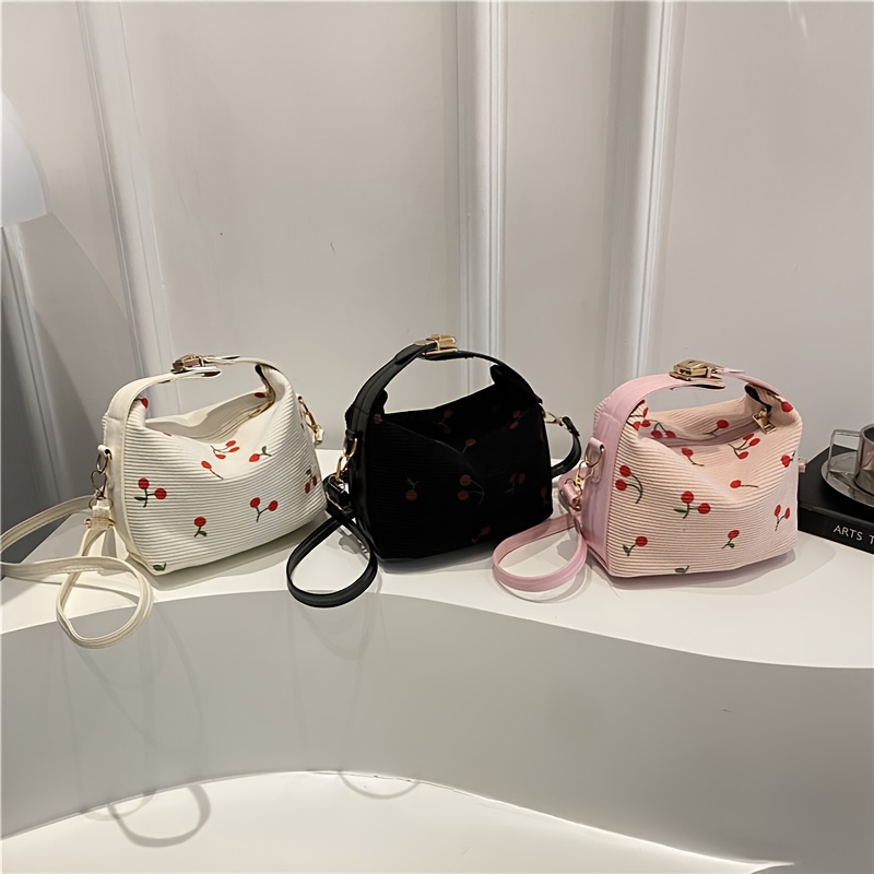 Sweet Cherry Pattern Mini Hobo Bag For Women Adjustable Strap Light Fabric Small Crossbody Shoulder Handbag_voghion.com