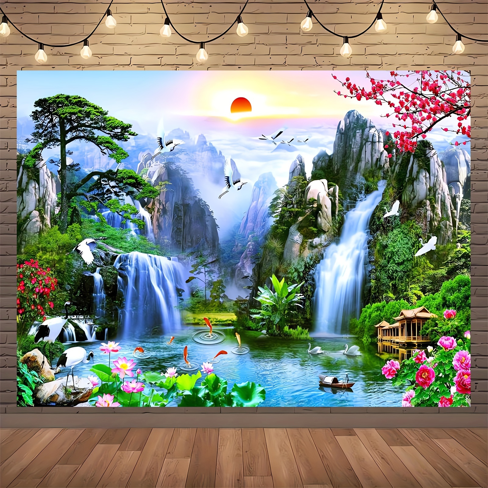 Large Fabric Wall Tapestry Enchanted Waterfall Asian Landscape Cherry Blossoms Cranes Koi Fish Pagoda Polyester Decor For Home Wedding Photo Backdrop_voghion.com