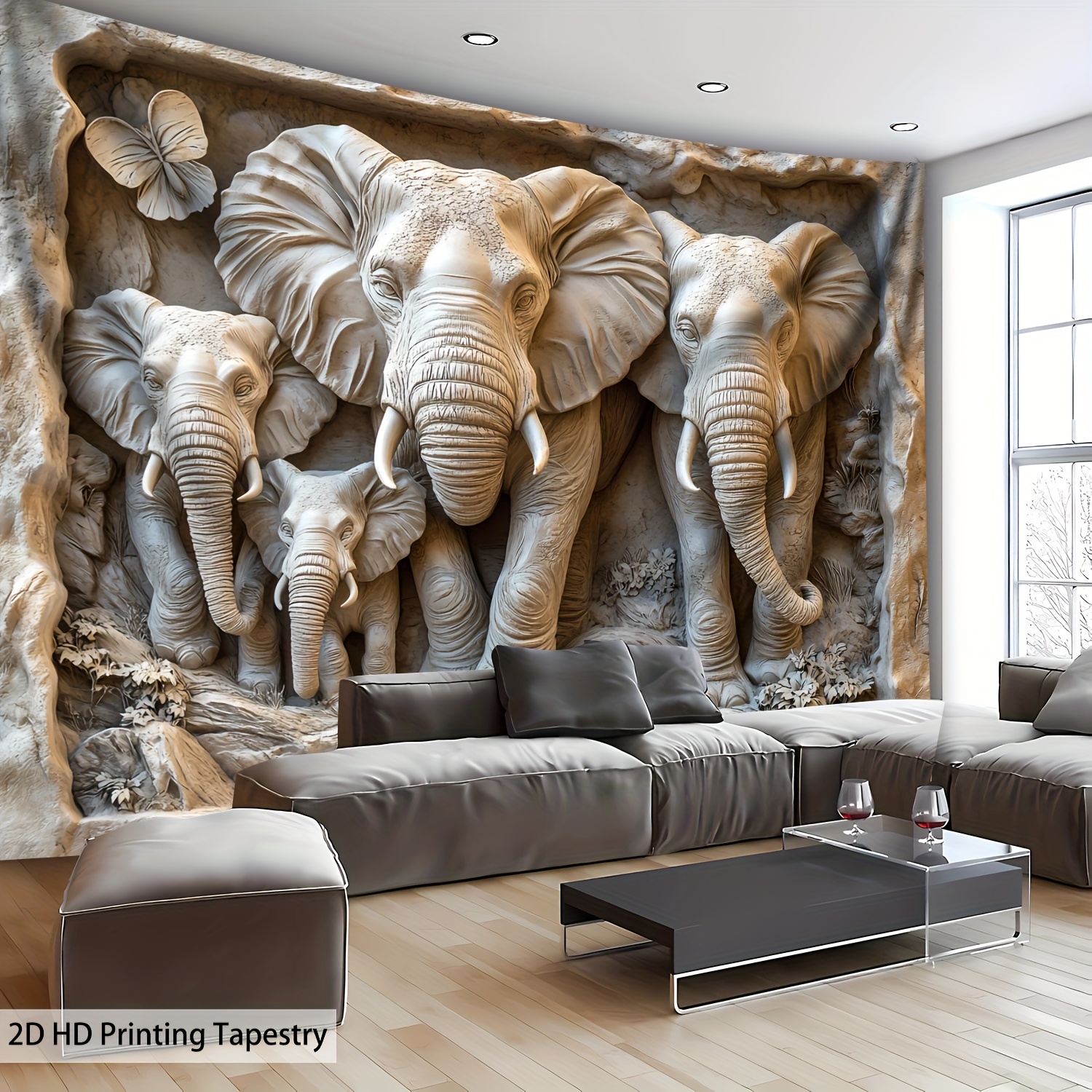 Tapisserie murale en polyester, très grand format, impression 2D, motif éléphants sculptés dans la pierre, impression numérique HD, idéale pour le salon. Décoration murale pour la maison ou le salon._voghion.com