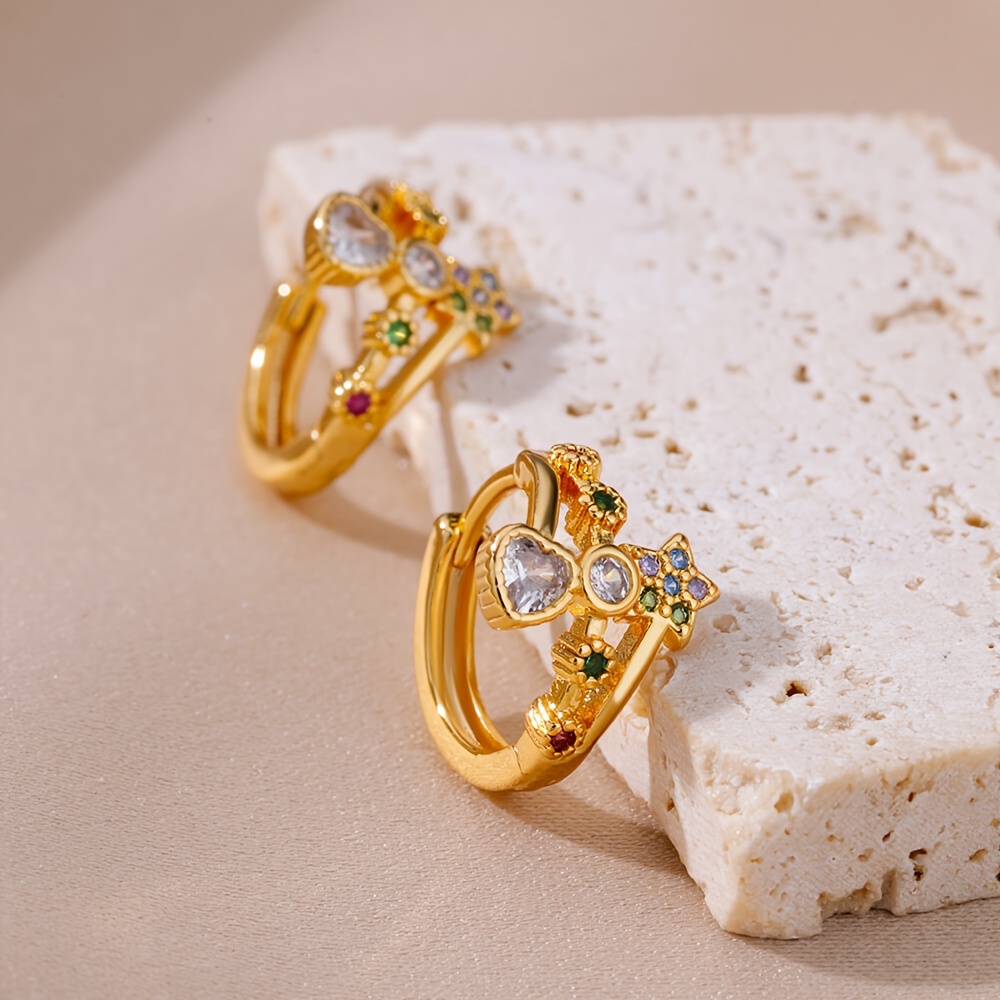 1 paire de mini boucles d'oreilles créoles ornées de fleurs et de cœurs en zircone synthétique colorée, bijoux de mode exquis._voghion.com