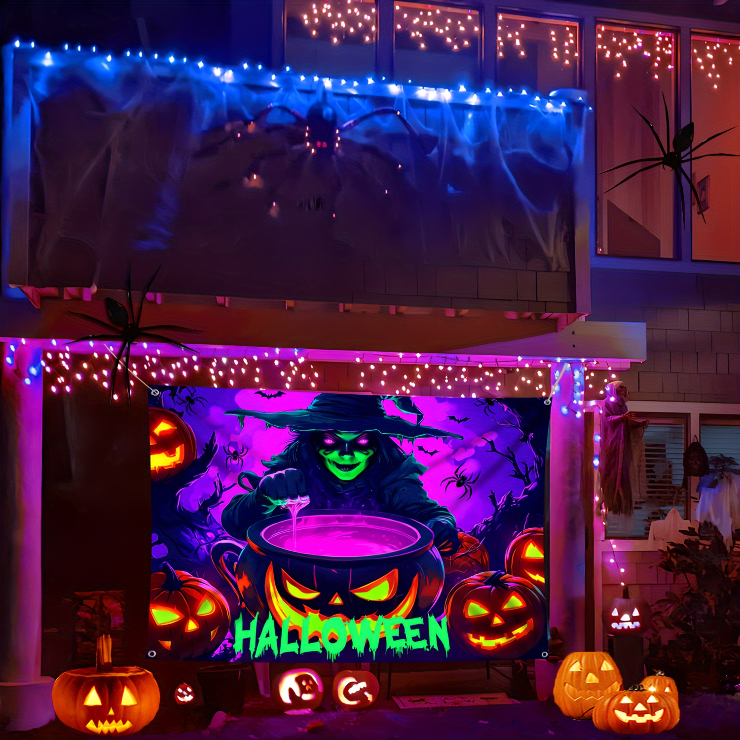 Luce UV nera 1 pezzo Grande dimensione Arazzo paesaggio strega terrificante zucca Halloween Arazzo da parete Sfondo fotografico per feste decorazioni esterne regalo festivo_voghion.com
