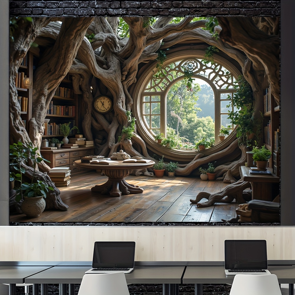 Arazzo da parete in poliestere resistente con motivo "Casa sull'albero incantata" e biblioteca, 1 pezzo. Non necessita di elettricità. Ideale per Natale, Capodanno, Carnevale, decorazioni per interni ed esterni._voghion.com