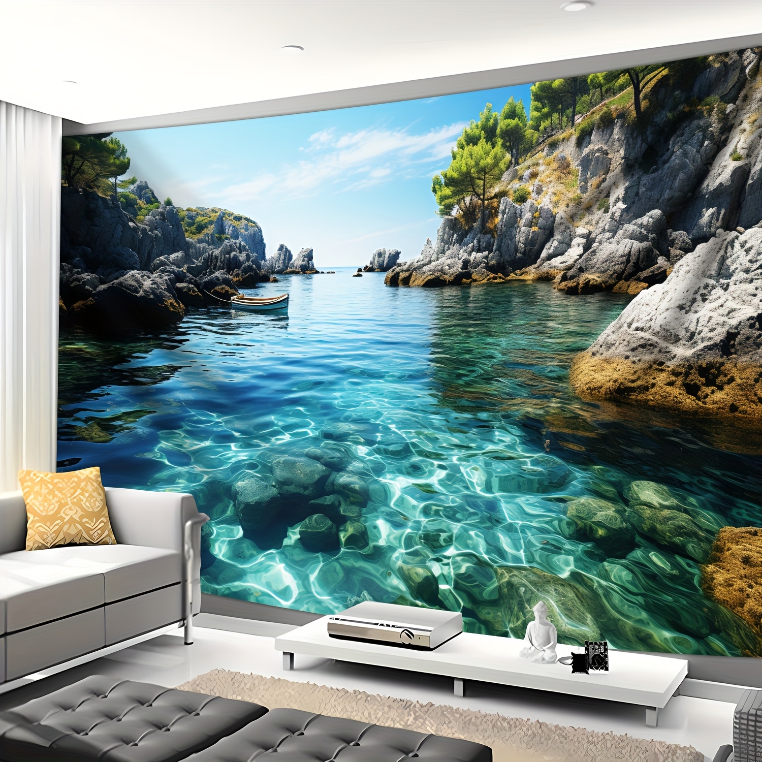 Ultra Large Sea Mountains Blue Sky Landscape Wall Hanging Tapestry 1pc Polyester Decor For Living Room Bedroom Live Background With Free Hanging Clips_voghion.com