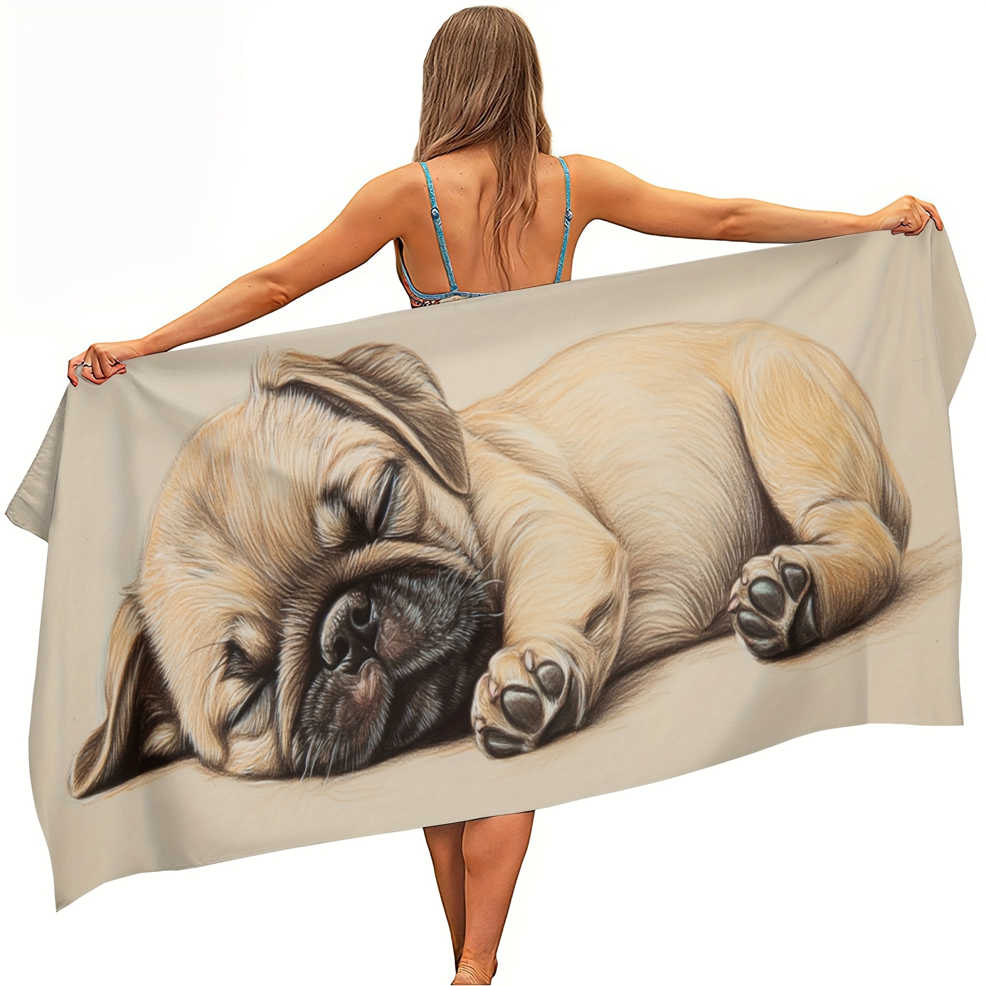 1pc Microfiber Beach Towel With Sleeping Pug Puppy Pattern Lightweight Absorbent Ideal For Yoga Travel Swimming Beach Fitness Camping Great Gift_voghion.com