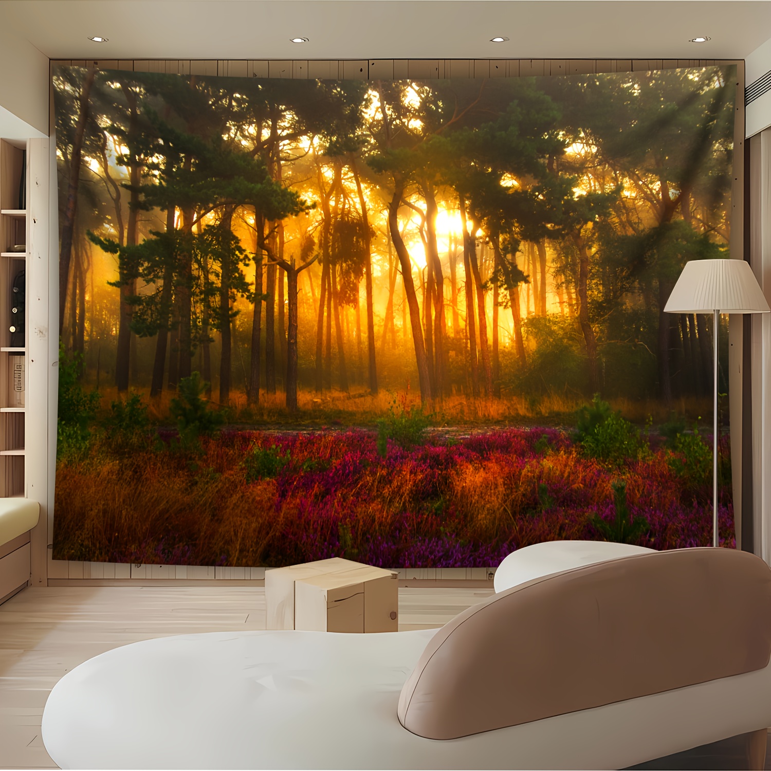 Ultra Large Mysterious Sunset Forest Landscape Polyester Tapestry 1pc Wall Hanging Decor For Home Room Party Live Streaming Background With Free Clips_voghion.com
