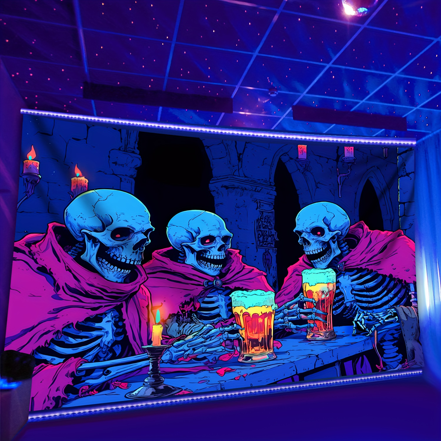 Tapisserie murale fluorescente à motif de crâne joyeux buvant de la bière, grande taille, effet peau de pêche, avec accessoires offerts. Accessoires inclus._voghion.com