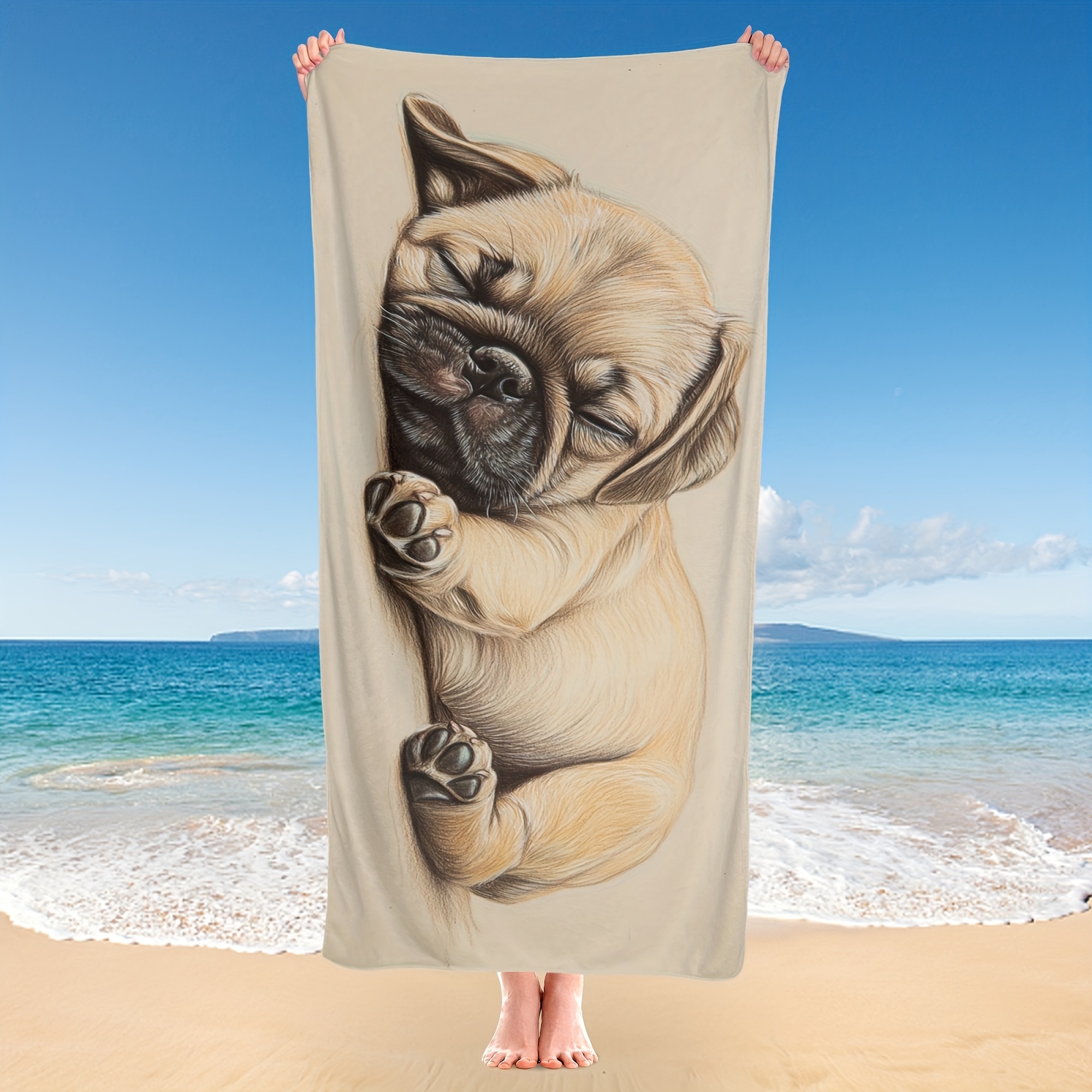 1pc Microfiber Beach Towel With Sleeping Pug Puppy Pattern Lightweight Absorbent Ideal For Yoga Travel Swimming Beach Fitness Camping Great Gift_voghion.com