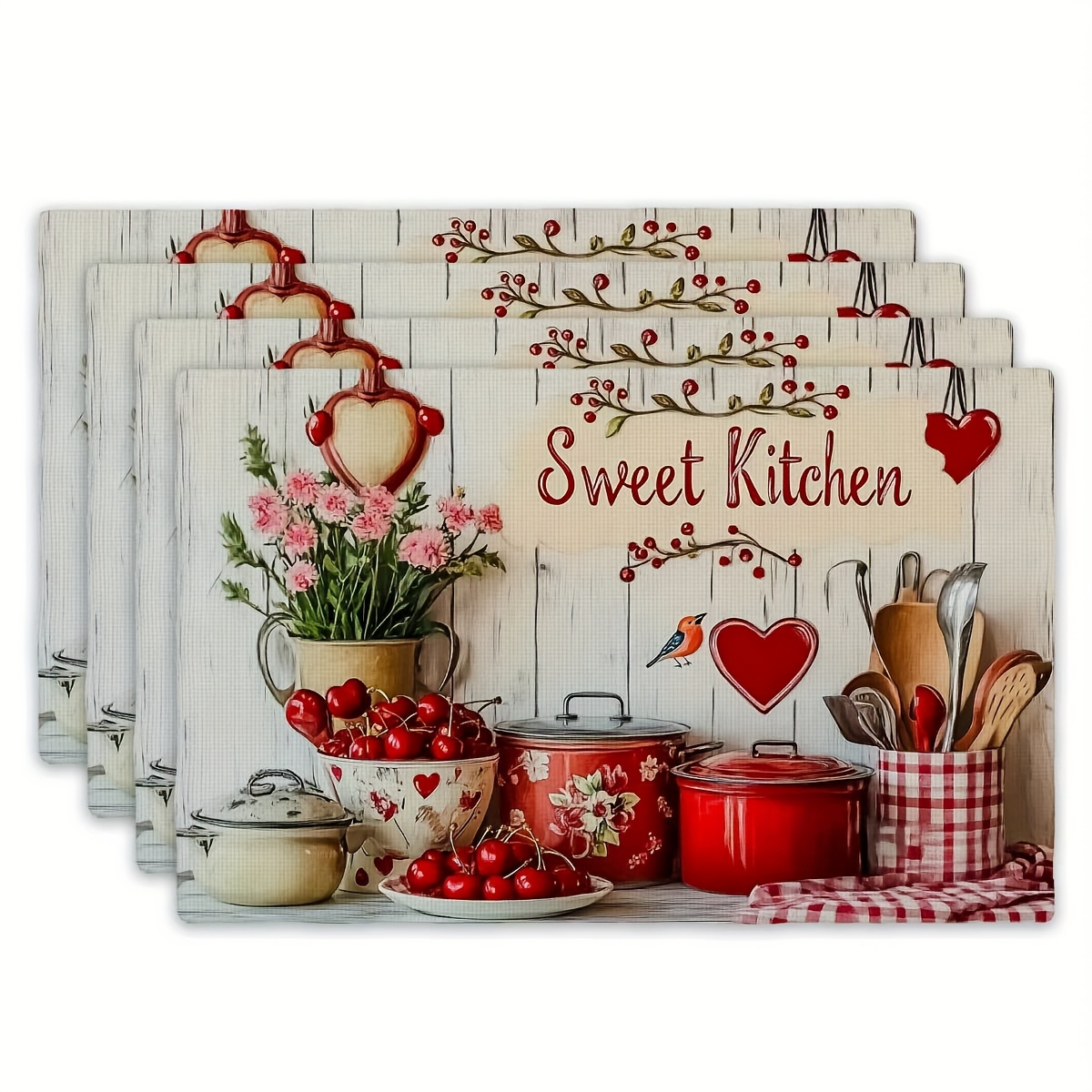 4pcs Rectangular Placemats - Thin Polyester - Early Summer Sweet Kitchen Element Placemats, Vibrant, Heat-Resistant And Easy To Clean, 30.48x45.72 Cm_voghion.com
