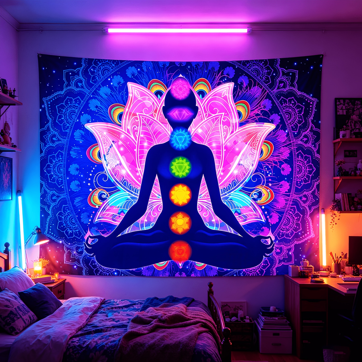 UV-zwartlichtreactief wandtapijt met zeven chakra's, Boheemse mandala, 1 stuk, yoga- en meditatietapijt, kleurrijk fluorescerend, voor slaapkamer en woonkamerdecoratie._voghion.com