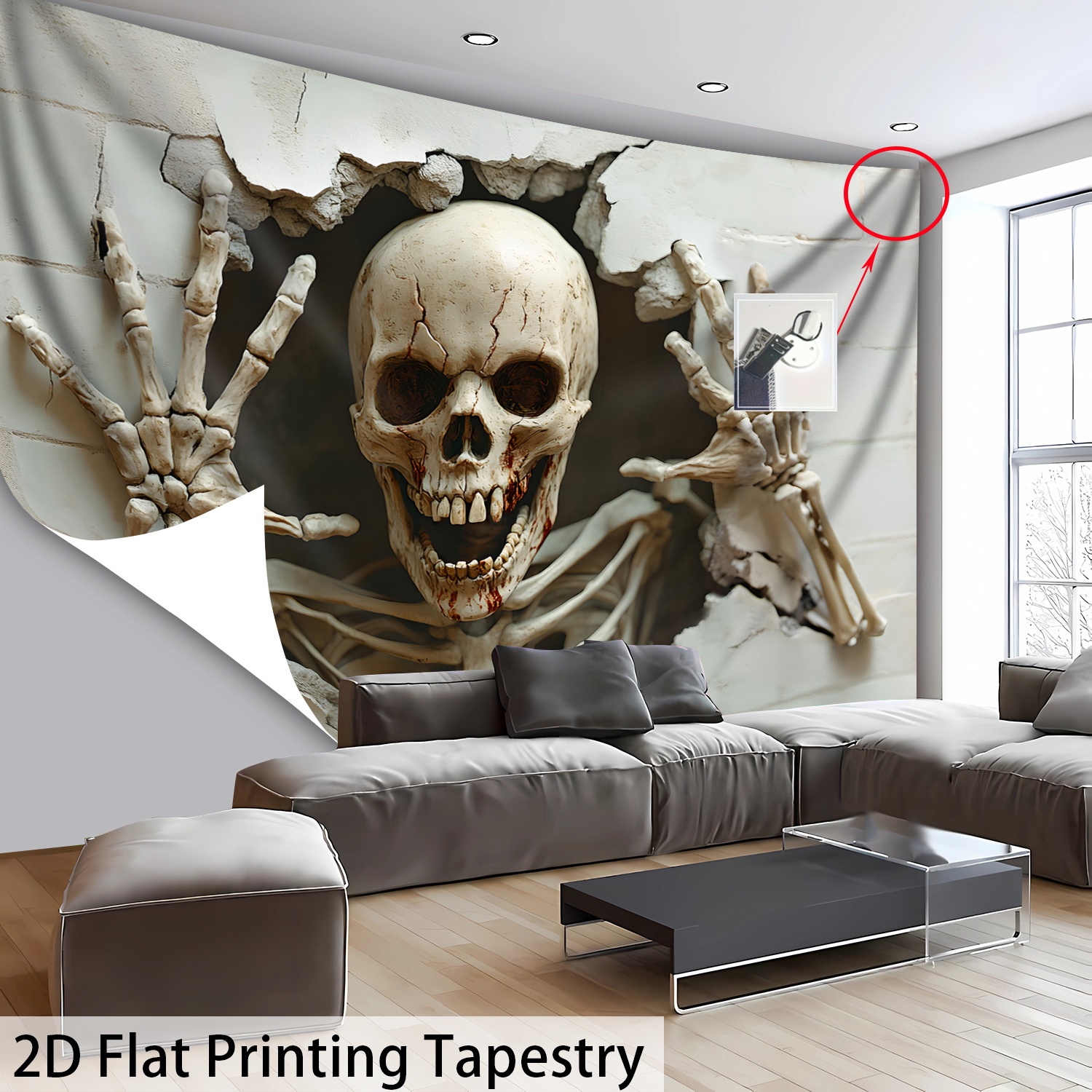 Übergroßes Halloween-Skelett-Wandbild – HD-Digitaldruck – Riesiger Wandteppich – Polyester – Heimdekoration – Inkl. Aufhängeclips, 2D-Flachdruck_voghion.com