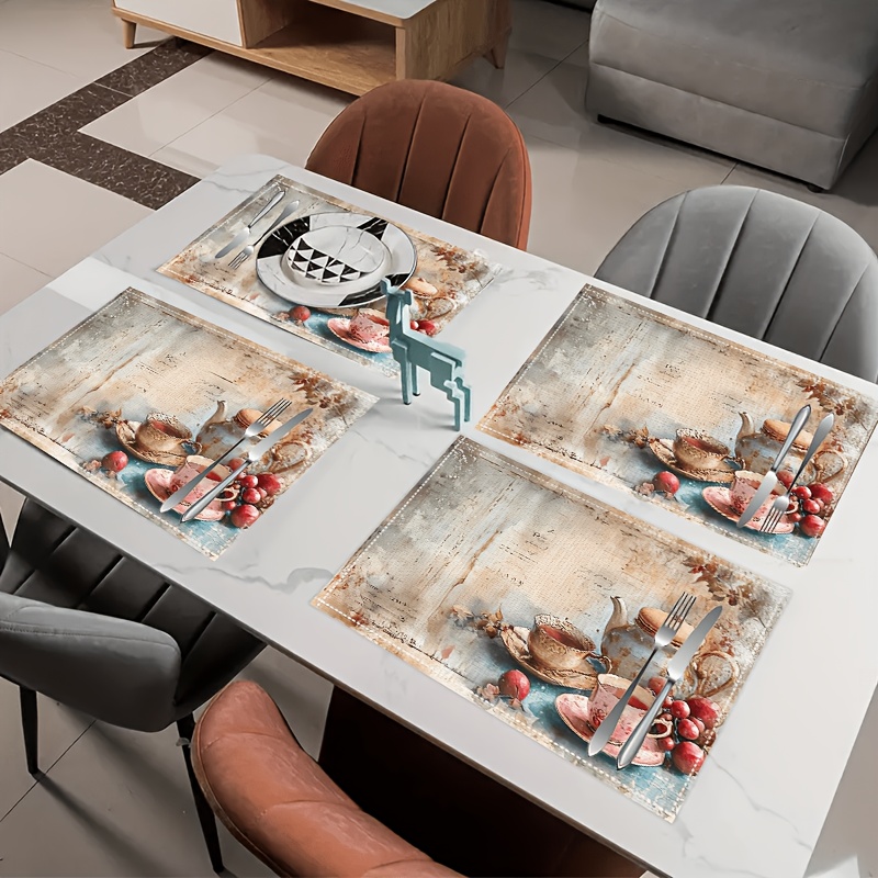 4pcs Vintage Tableware Pattern Artistic Placemats Heat Resistant Non Slip Washable Table Mats For Restaurants Kitchens Outdoor Garden Afternoon Tea_voghion.com