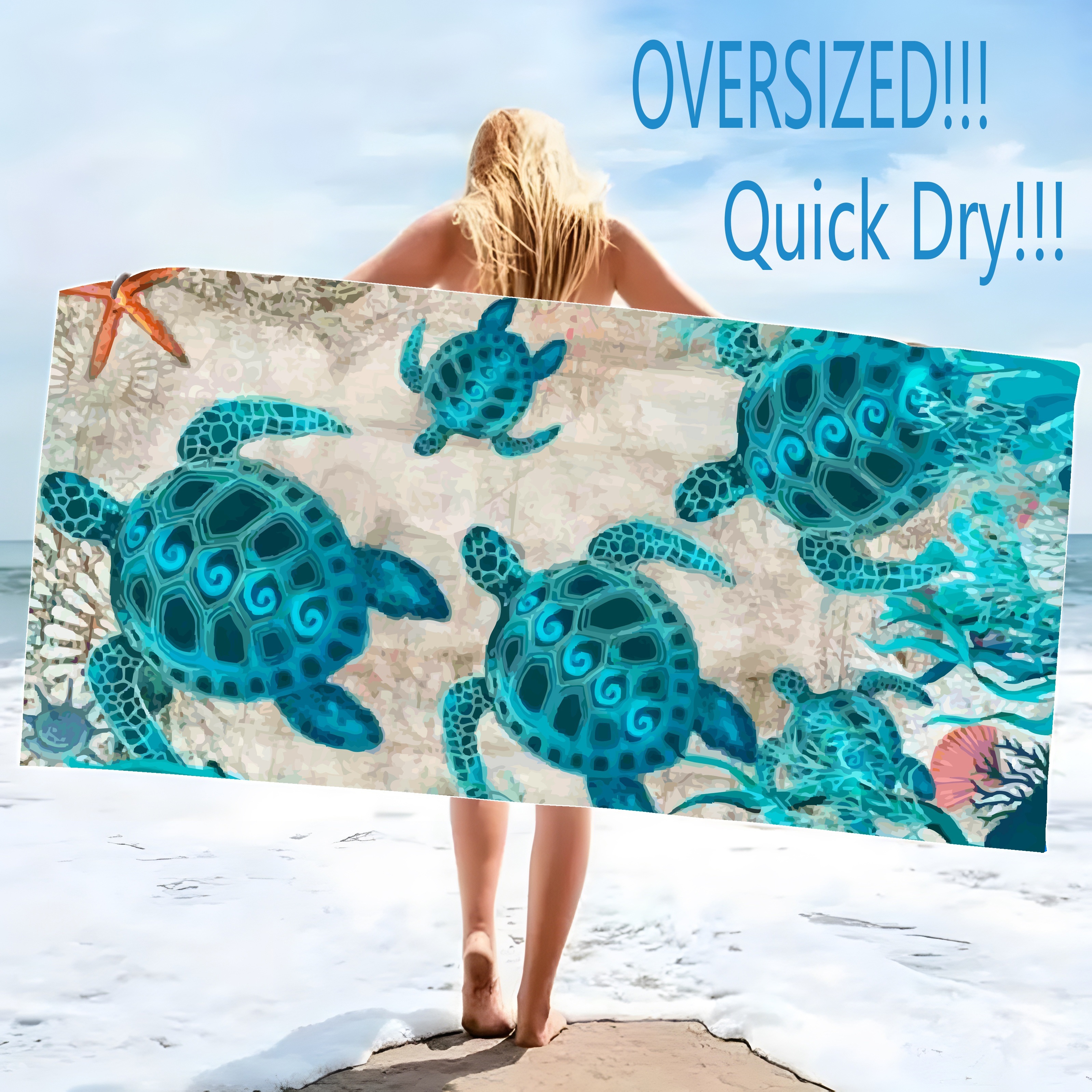 Two Piece Set Oversized Microfiber Beach Towels With Cute Turtles Sea Stars Graphic Pattern Lightweight Modern Exquisite Gift For Sports_voghion.com