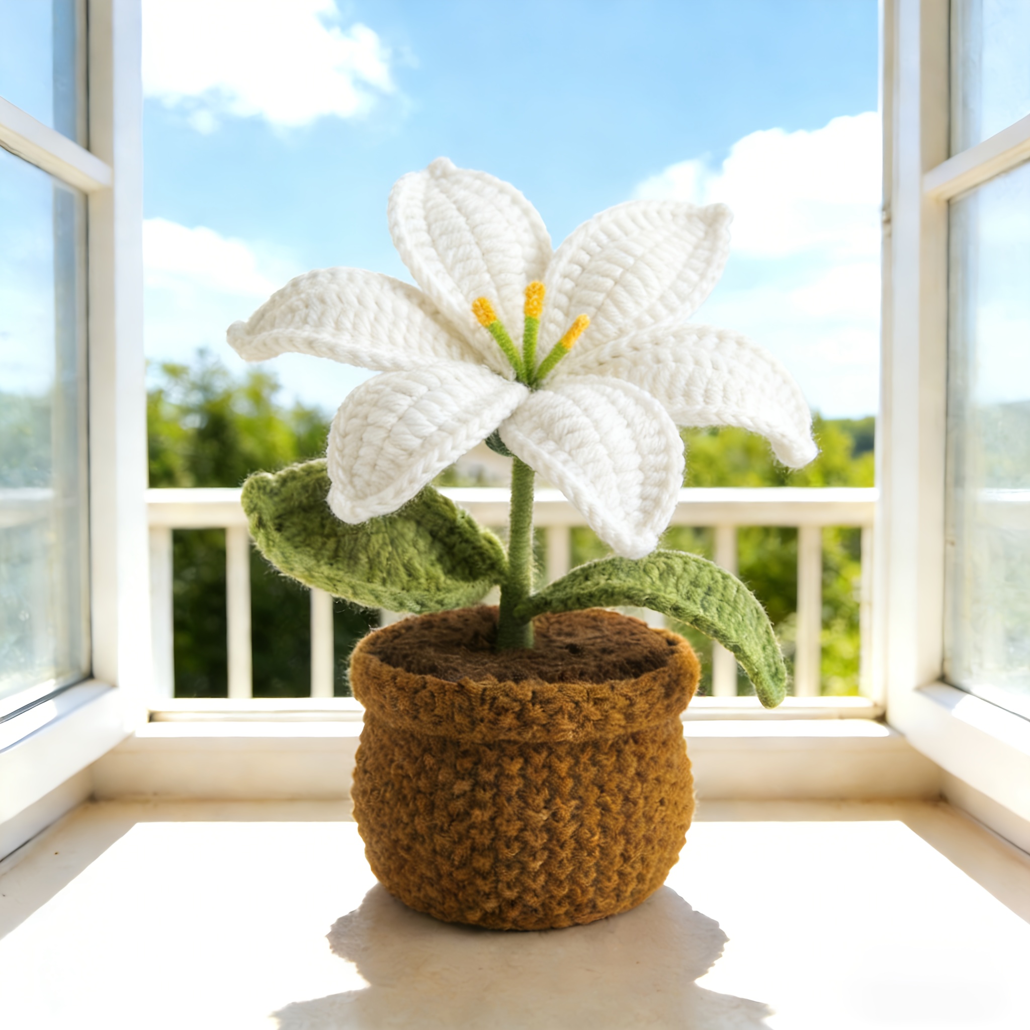 Lys crocheté à la main — Une décoration florale en pot éclatante, une touche chaleureuse pour les rebords de fenêtres et les tables, un cadeau parfait pour la Saint-Valentin, Retour à S_voghion.com
