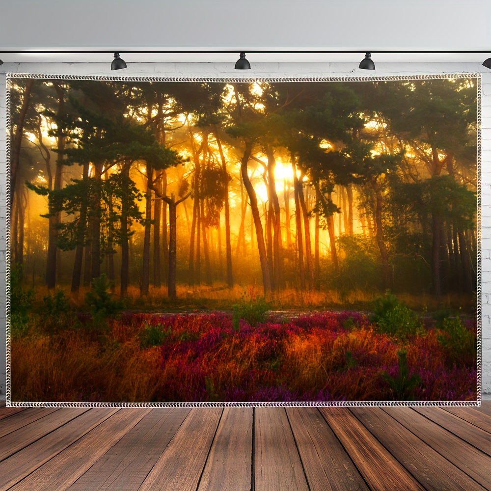 Ultra Large Mysterious Sunset Forest Landscape Polyester Tapestry 1pc Wall Hanging Decor For Home Room Party Live Streaming Background With Free Clips_voghion.com