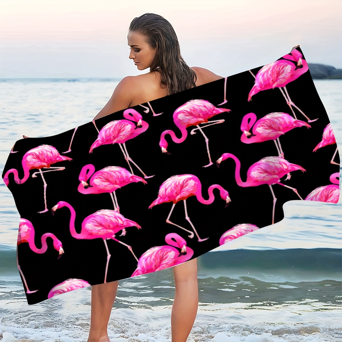 Black Background With Hand-painted Flamingo Pattern, Seaside Summer Microfiber Beach Towel, 1pc_voghion.com