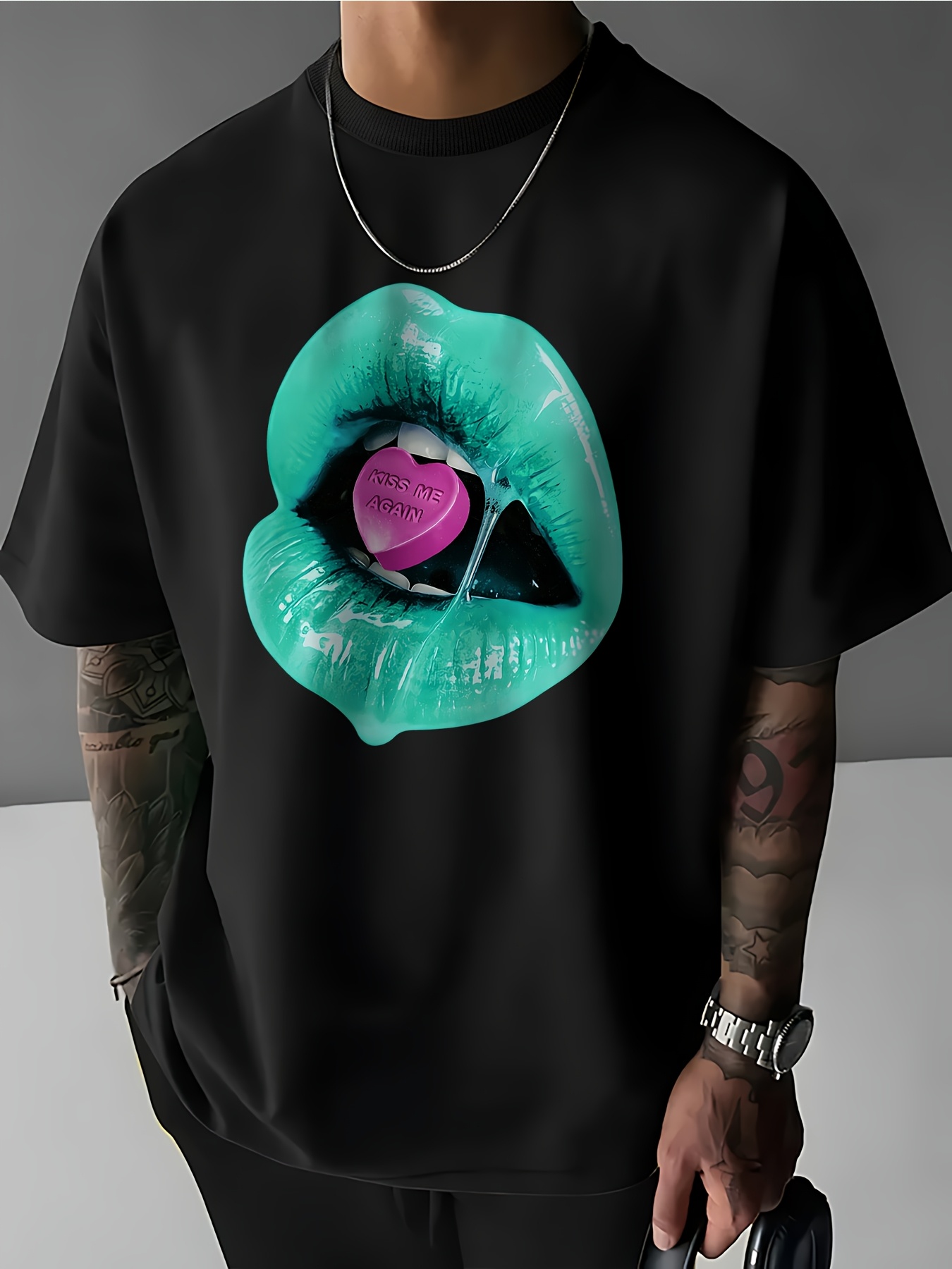Maglietta Uomo 100% Cotone 180g Collo Tondo Stampa Y2K Kiss Me Again Comoda Primavera Estate Vestibilità Regolare_viptrois.com
