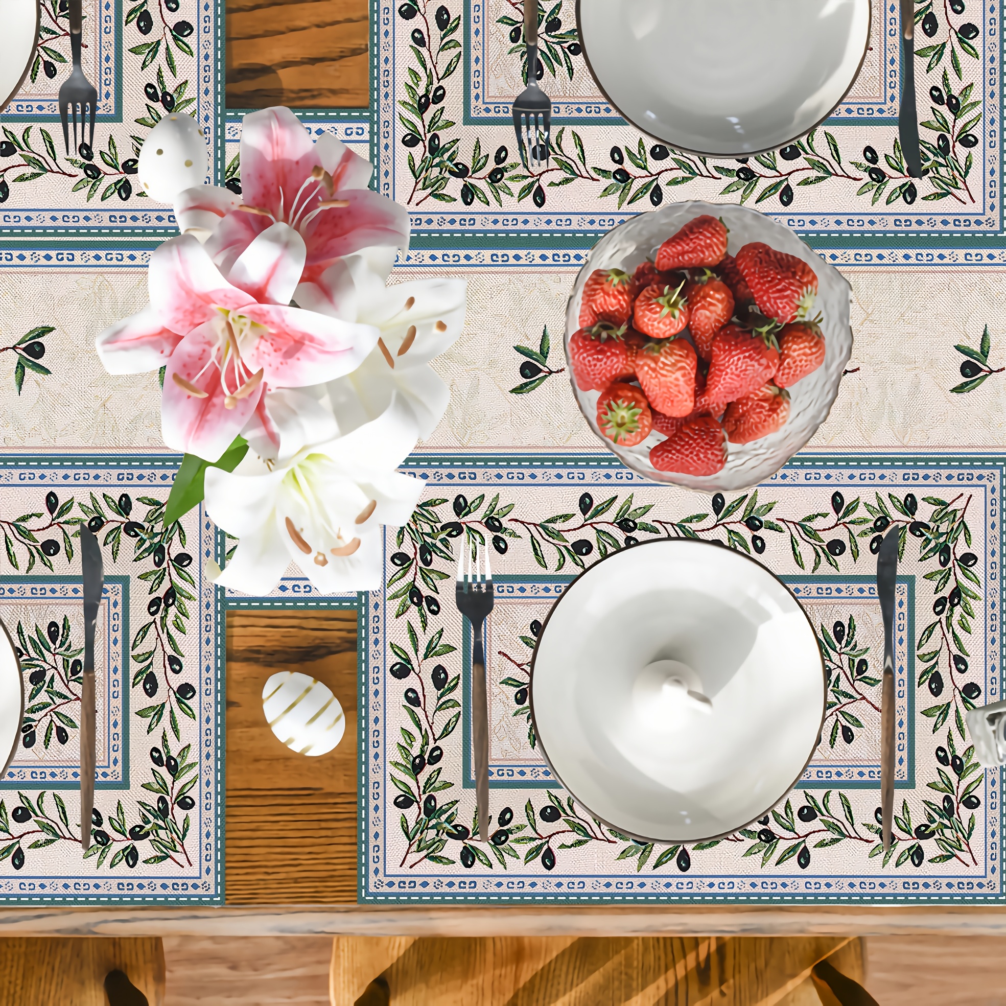 5/7pcs Olive Branch Vintage Art Pattern Table Runner And Placemats Set, Suitable For Kitchen Dining Tables And Home Decor_voghion.com