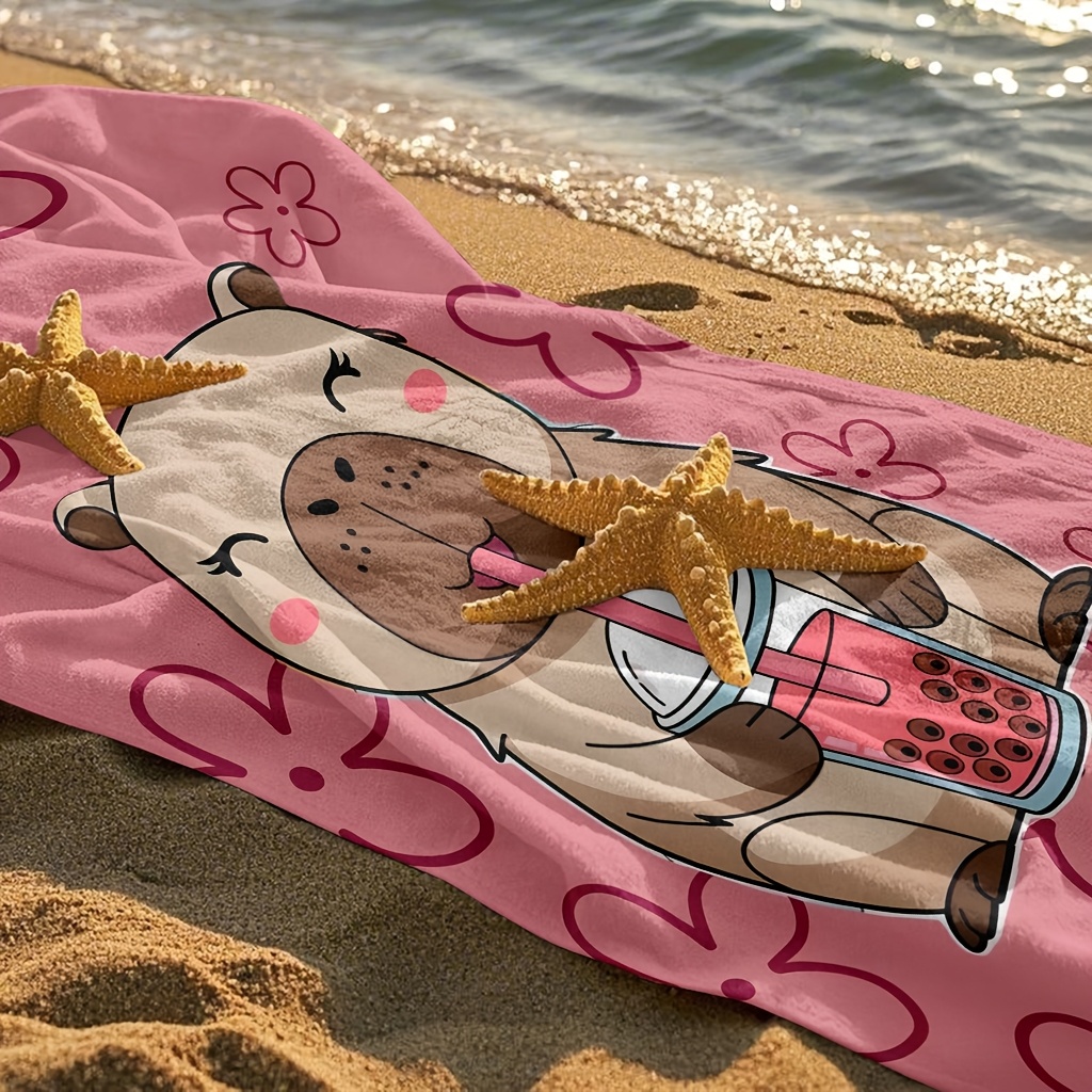 Serviette de plage douce et absorbante (1 pièce) avec un capybara tenant un thé au lait perlé. Idéale pour la natation, le fitness, le yoga, les voyages, le camping et la piscine._voghion.com