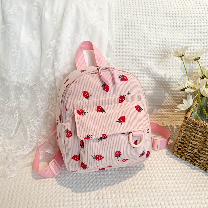 Kawaii White Vertical Corduroy Small Backpack Red Strawberry Pattern Multi Compartment Adjustable Straps Ladies Campus Daily Mini Travel Backpack_voghion.com