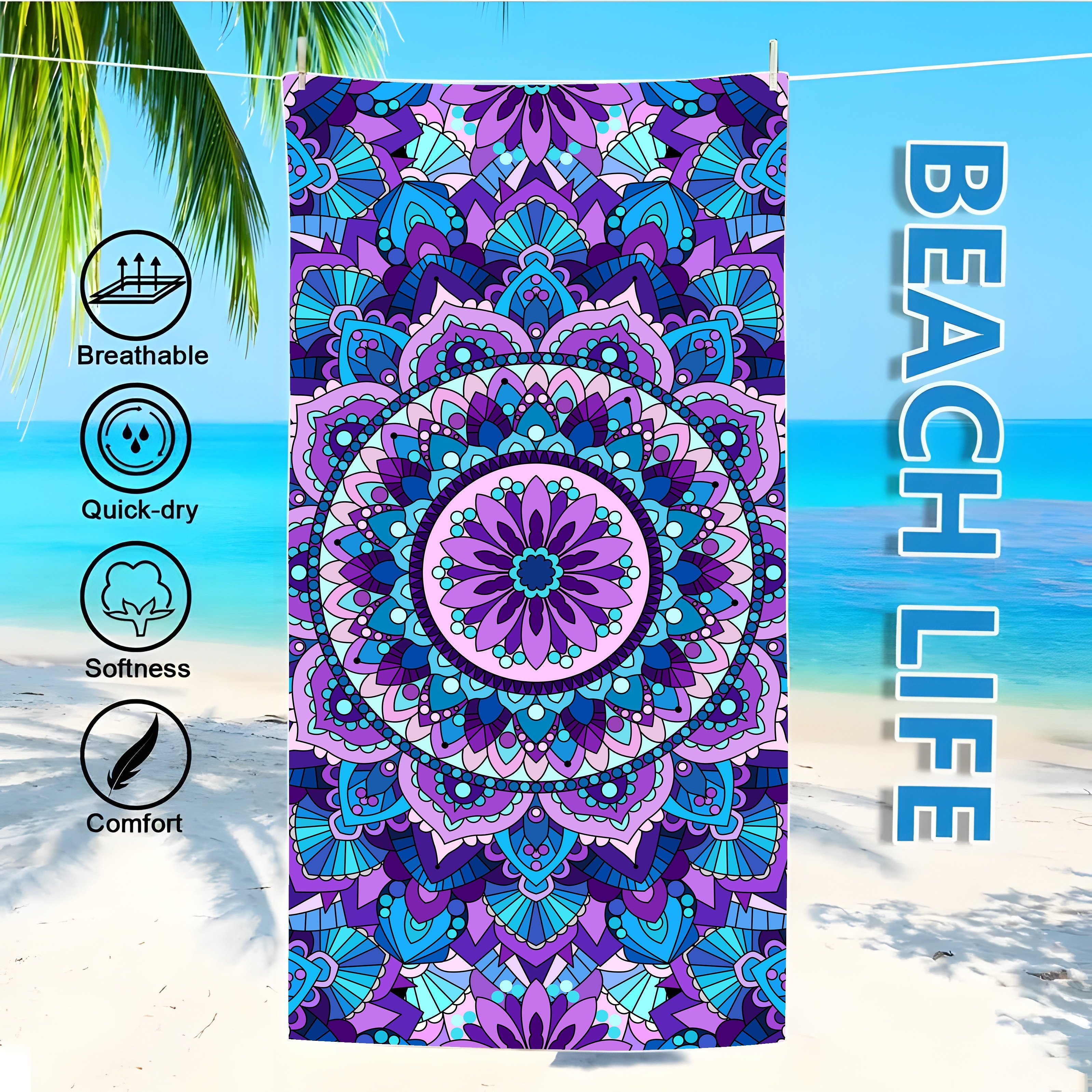 2 Piece Set Purple Mandala Design Sand Resistant Microfiber Beach Towels Soft Absorbent Quick Drying Ideal For Swimming Camping Bathing_voghion.com