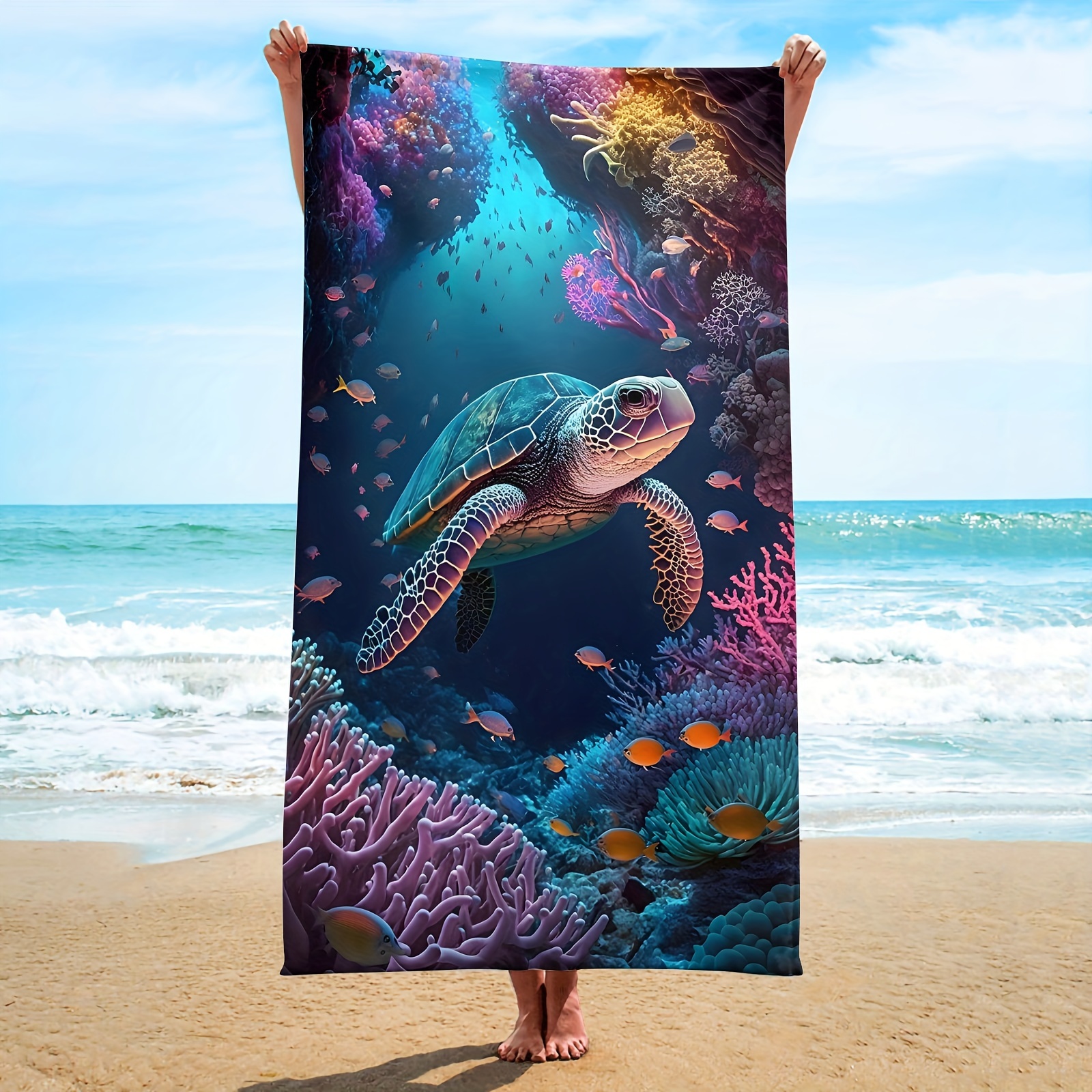 1pc Sea Turtle Printed Quick Drying Absorbent Microfiber Beach Towel Soft Beach Blanket For Outdoor Travel Camping Swimming Yoga Beach Essentials_voghion.com