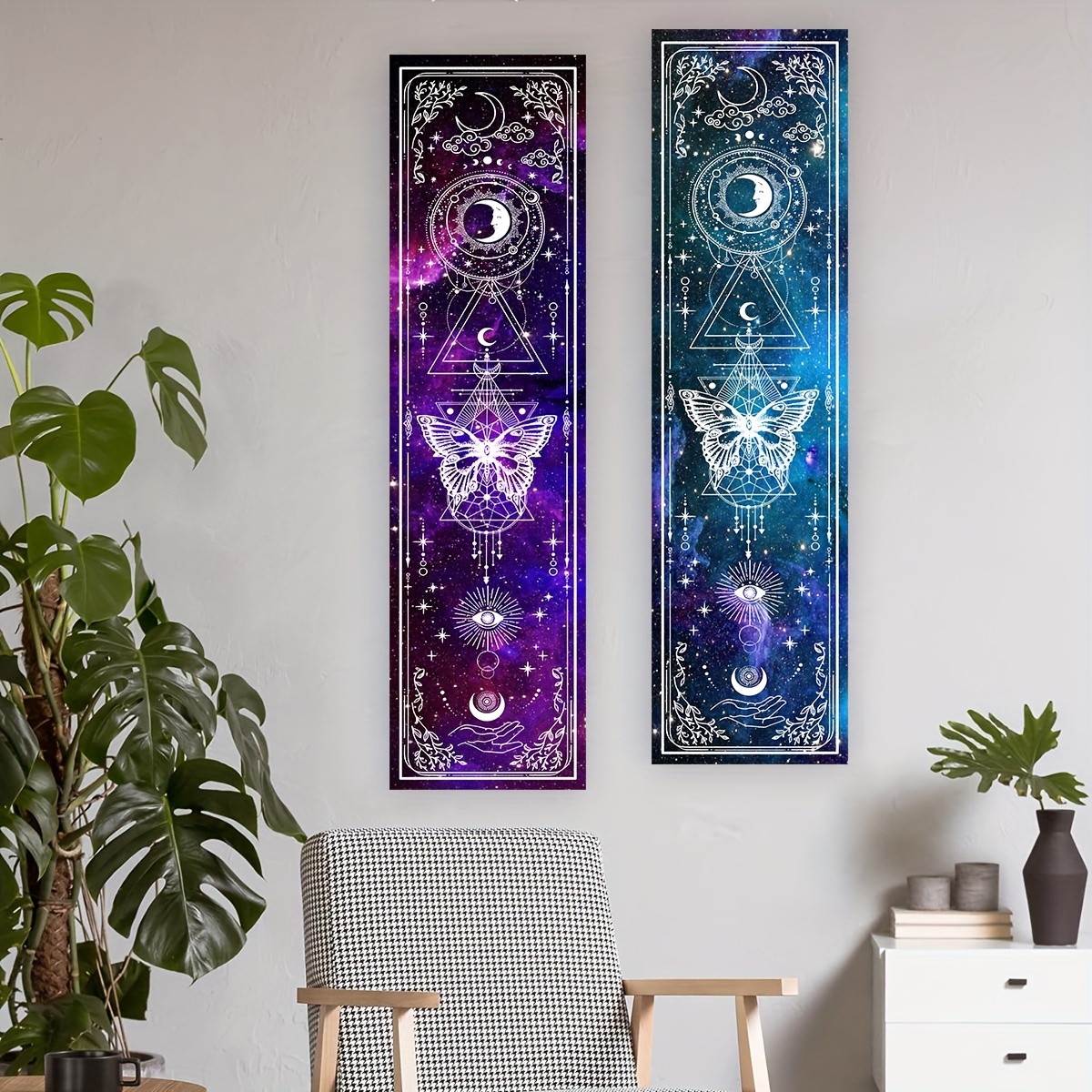 Blue & Purple Butterfly Tapestry - Sun And Moon Vertical Wall Hanging For Living Room, Bedroom, Office Decor | Gothic Witchy Aesthetic Home Decoration_voghion.com