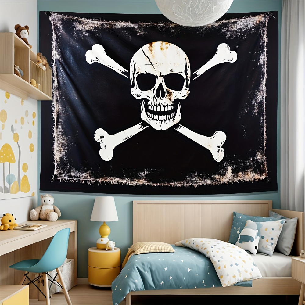 Pirate Flag Design Skull Crossbones Tapestry 1pc Durable Polyester Vintage Distressed Nautical Decor For Indoor Outdoor Home Office Adventure_voghion.com