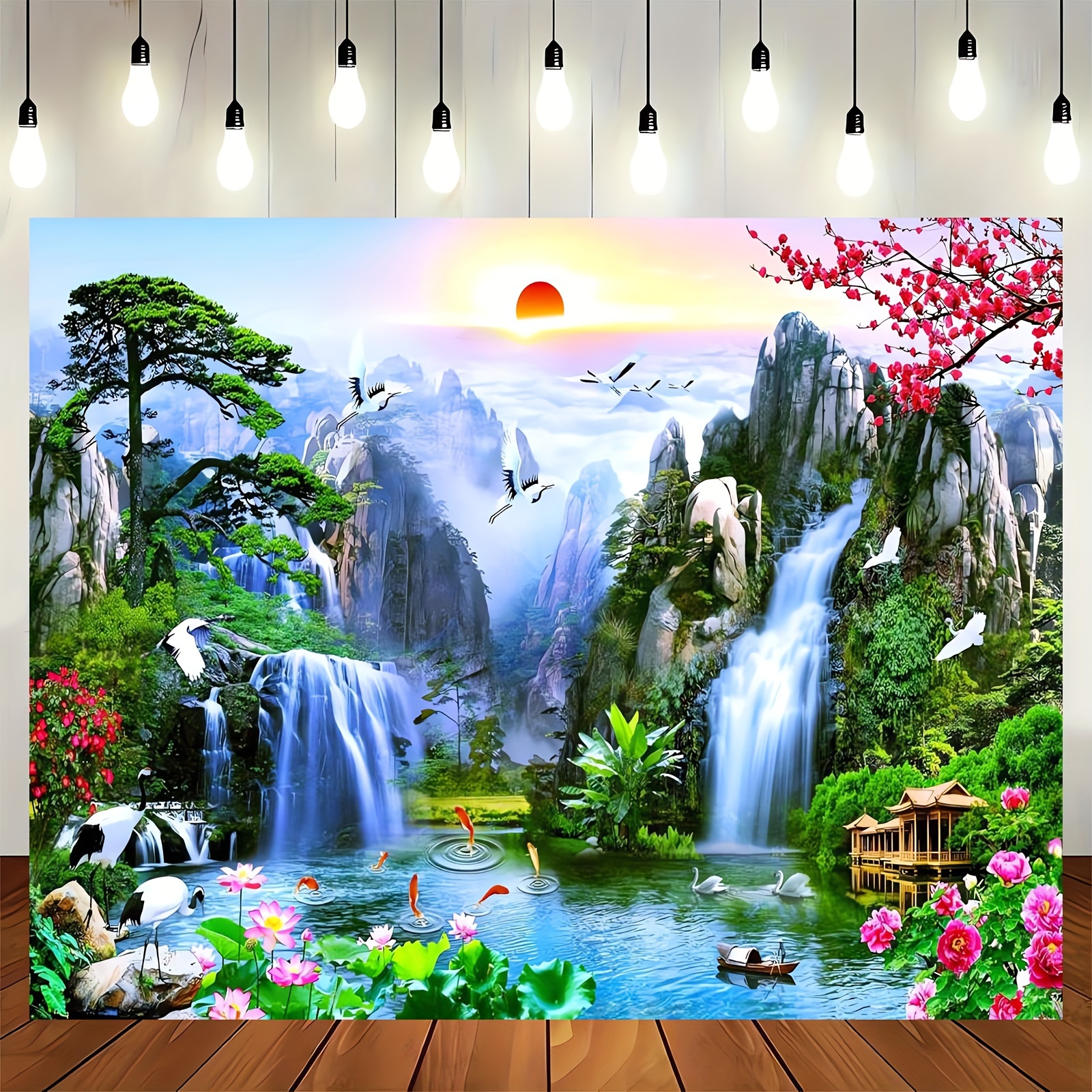 Large Fabric Wall Tapestry Enchanted Waterfall Asian Landscape Cherry Blossoms Cranes Koi Fish Pagoda Polyester Decor For Home Wedding Photo Backdrop_voghion.com