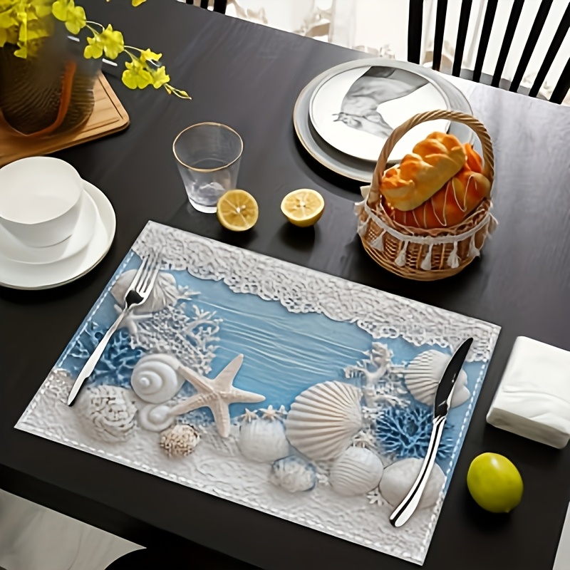 Set van 2/4/6 placemats met zeester- en schelpmotieven, rechthoekig, machinewasbaar, polyester materiaal, beschermt de tafel, geschikt voor_voghion.com