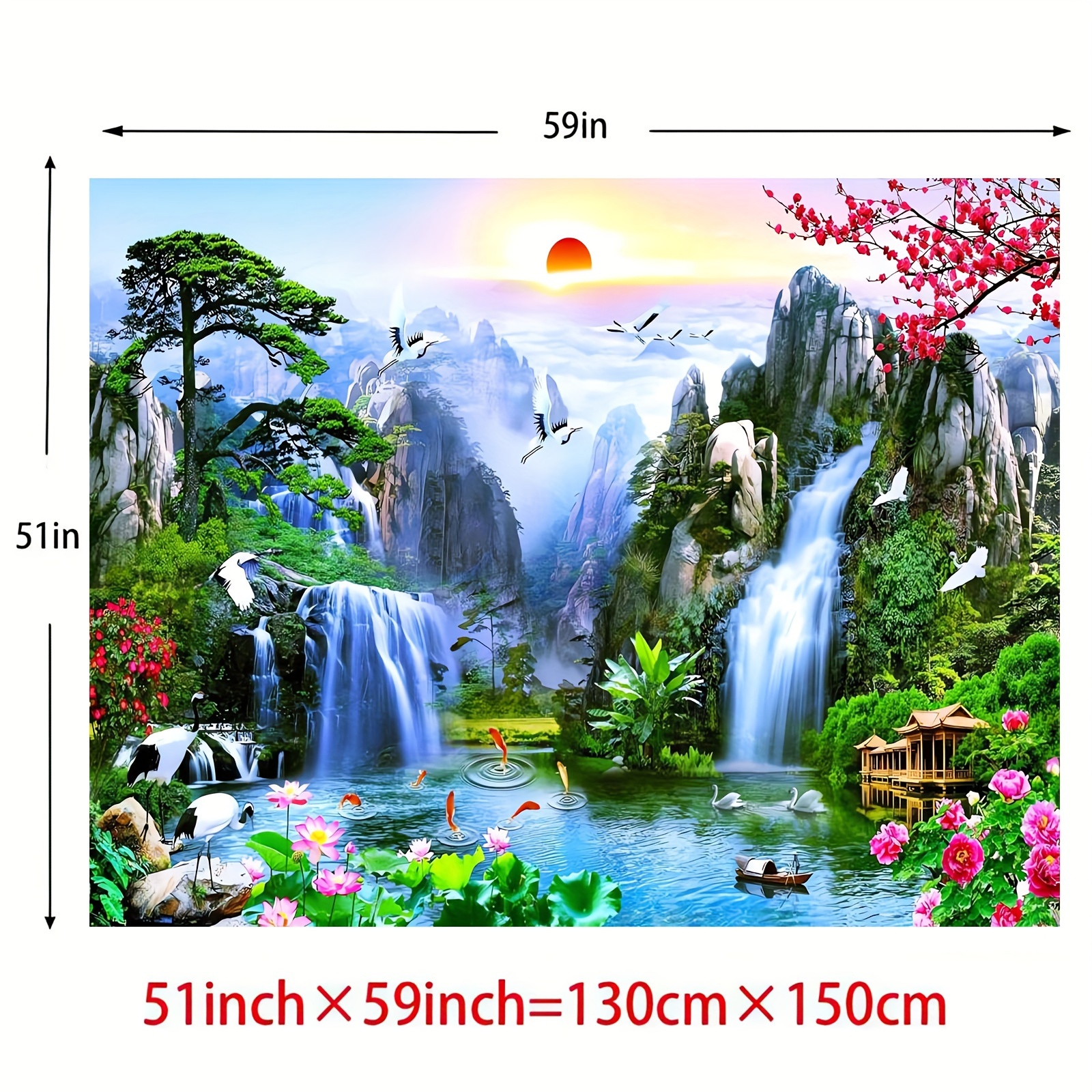 Large Fabric Wall Tapestry Enchanted Waterfall Asian Landscape Cherry Blossoms Cranes Koi Fish Pagoda Polyester Decor For Home Wedding Photo Backdrop_voghion.com