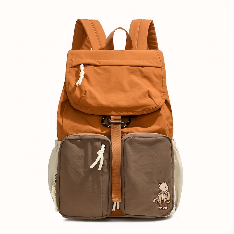 Vintage Contrast Color Bear Pattern Backpack Buckle Decor Multi Compartment Lightweight Daily Travel School Couple Laptop Rucksack_voghion.com