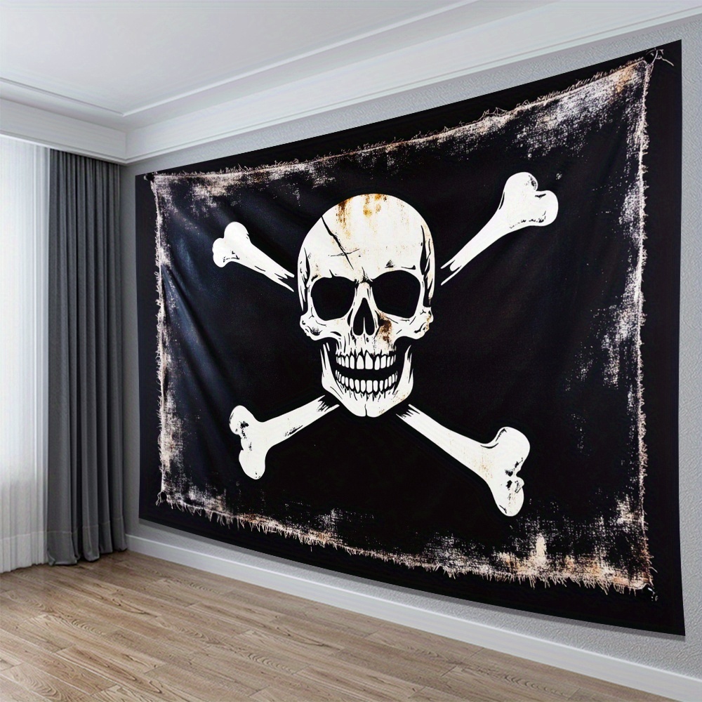 Pirate Flag Design Skull Crossbones Tapestry 1pc Durable Polyester Vintage Distressed Nautical Decor For Indoor Outdoor Home Office Adventure_voghion.com