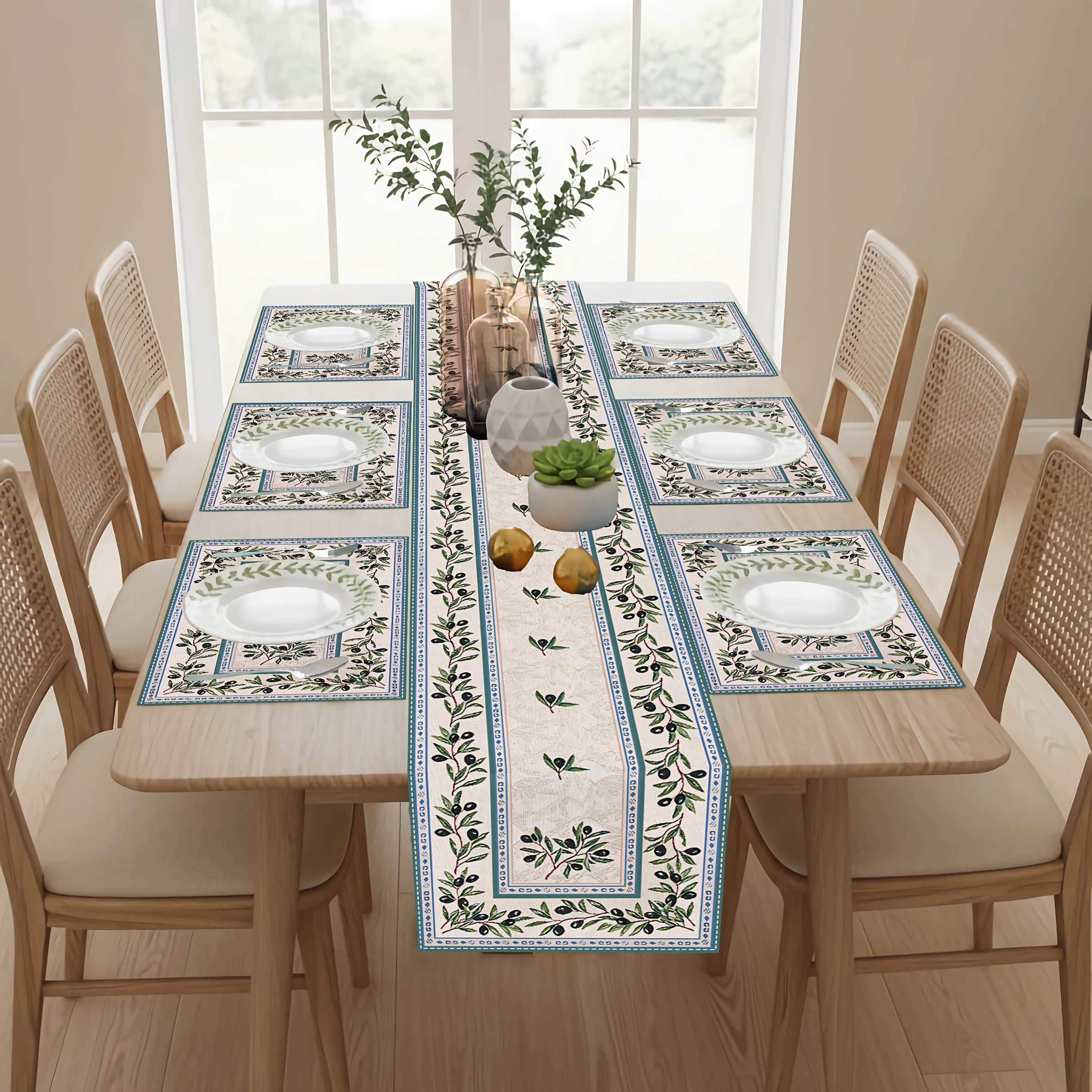 5/7pcs Olive Branch Vintage Art Pattern Table Runner And Placemats Set, Suitable For Kitchen Dining Tables And Home Decor_voghion.com