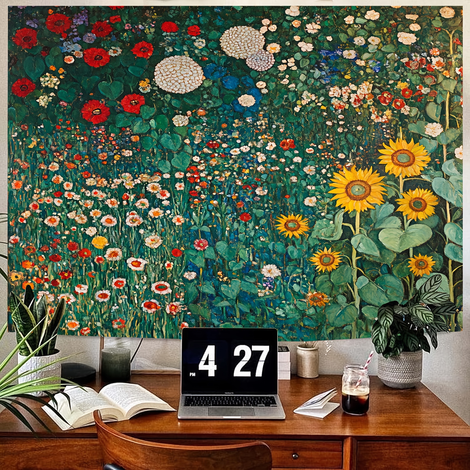 Wandteppich mit Frühlingsgartenmotiv, geeignet für Schlafzimmer, Wohnzimmer oder Studentenwohnheim. Ästhetisches abstraktes Ölgemälde im Vintage-Stil._voghion.com
