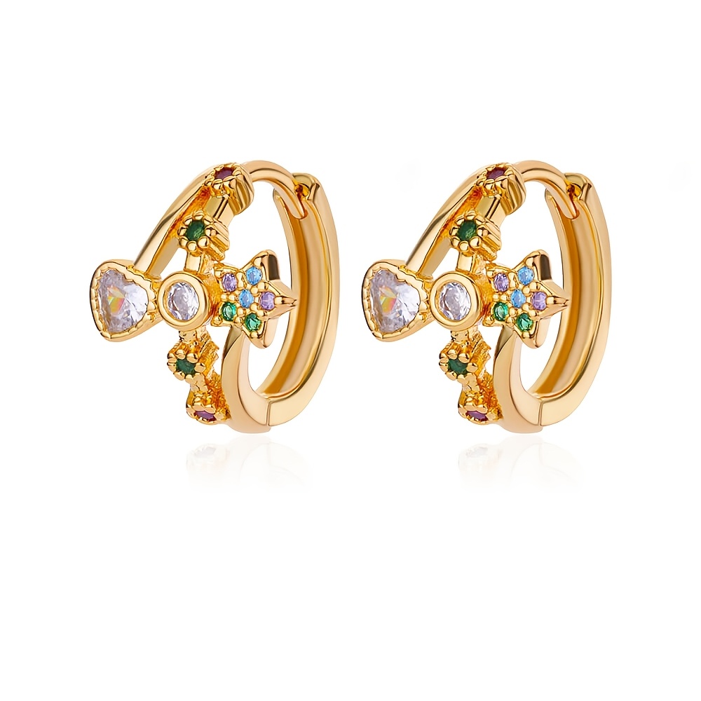 1 paire de mini boucles d'oreilles créoles ornées de fleurs et de cœurs en zircone synthétique colorée, bijoux de mode exquis._voghion.com