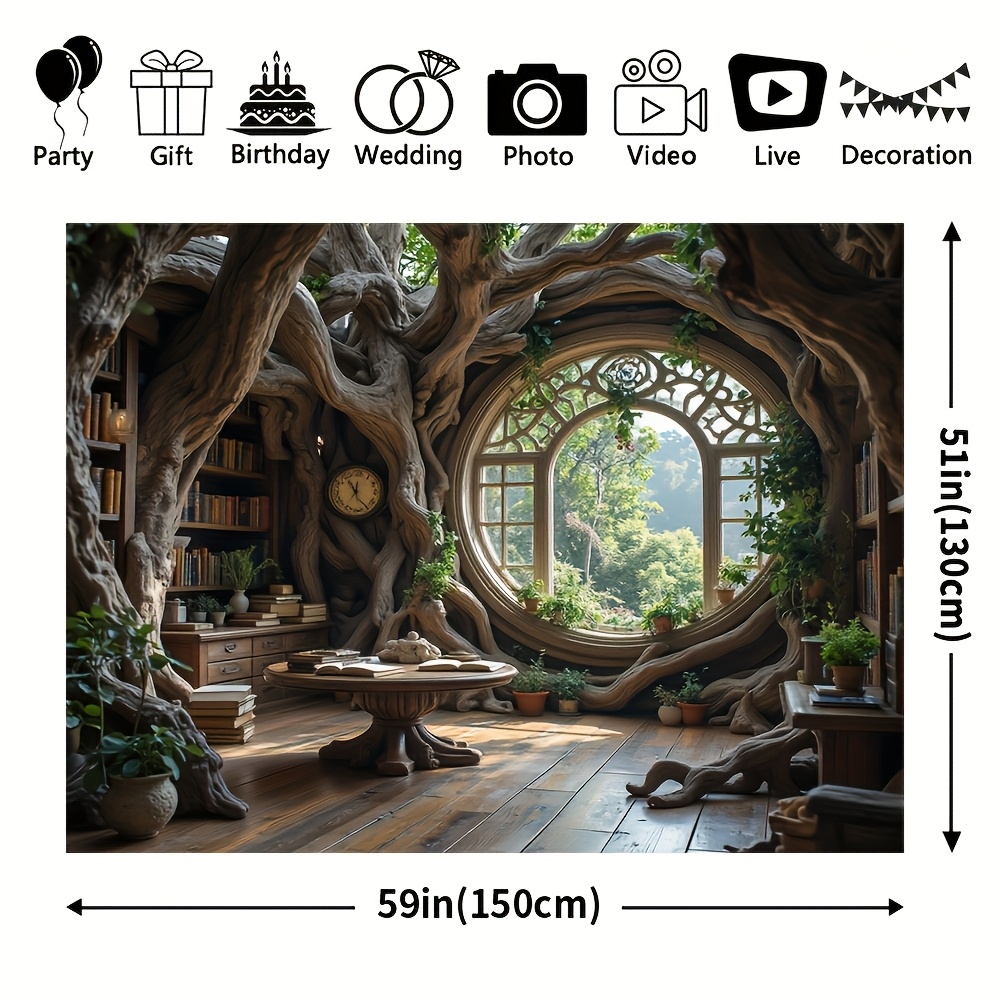 Arazzo da parete in poliestere resistente con motivo "Casa sull'albero incantata" e biblioteca, 1 pezzo. Non necessita di elettricità. Ideale per Natale, Capodanno, Carnevale, decorazioni per interni ed esterni._voghion.com