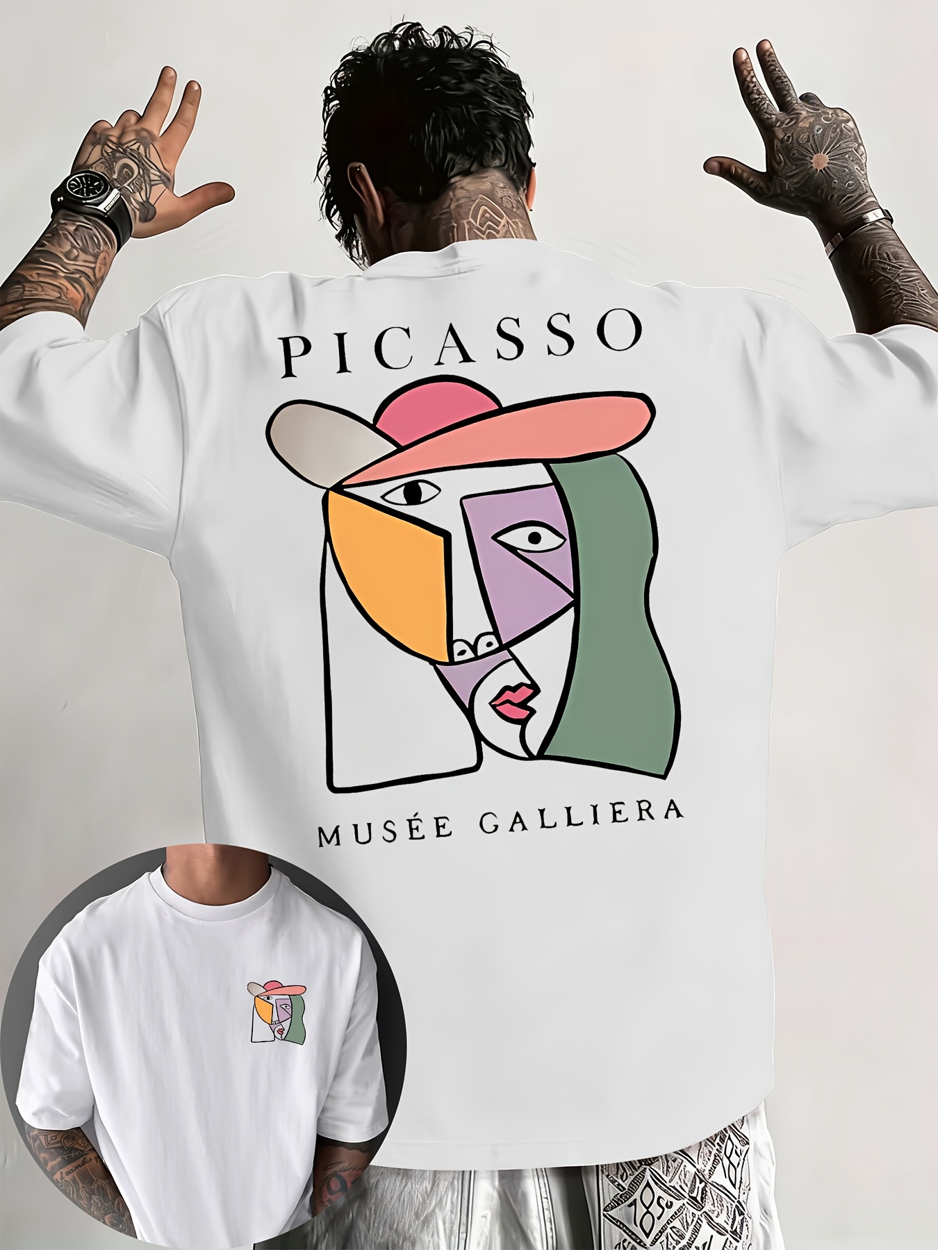 Maglietta Uomo 100% Cotone 180g Collo Tondo Stampa Cubista Picasso Geometrica Traspirante Outdoor Casual Vestibilità Regolare_viptrois.com