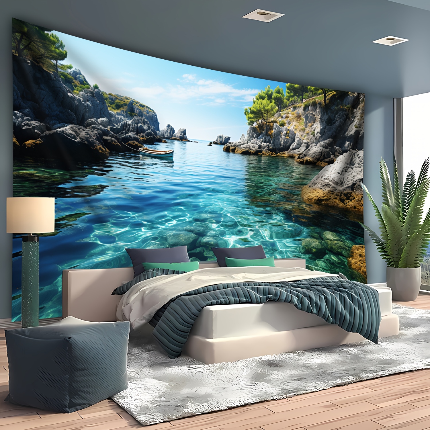 Ultra Large Sea Mountains Blue Sky Landscape Wall Hanging Tapestry 1pc Polyester Decor For Living Room Bedroom Live Background With Free Hanging Clips_voghion.com