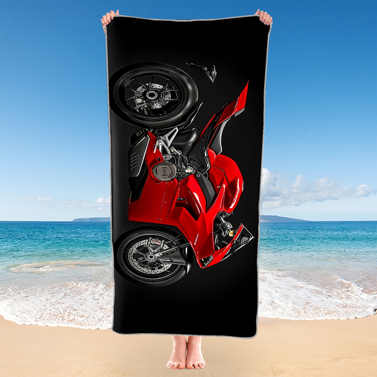 1pc Microfiber Beach Towel Red Motorcycle Black Lightweight Absorbent Suitable For Yoga Tourism Swimming Beach Fitness Camping Great Gift_voghion.com