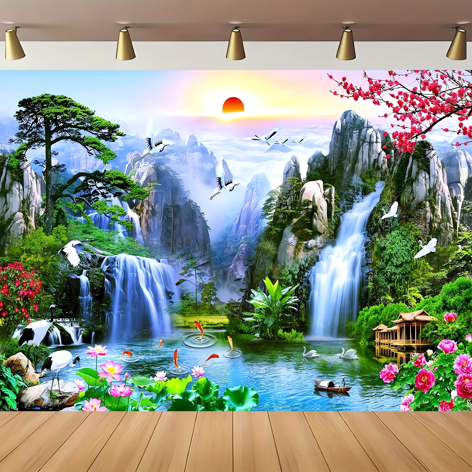 Large Fabric Wall Tapestry Enchanted Waterfall Asian Landscape Cherry Blossoms Cranes Koi Fish Pagoda Polyester Decor For Home Wedding Photo Backdrop_voghion.com