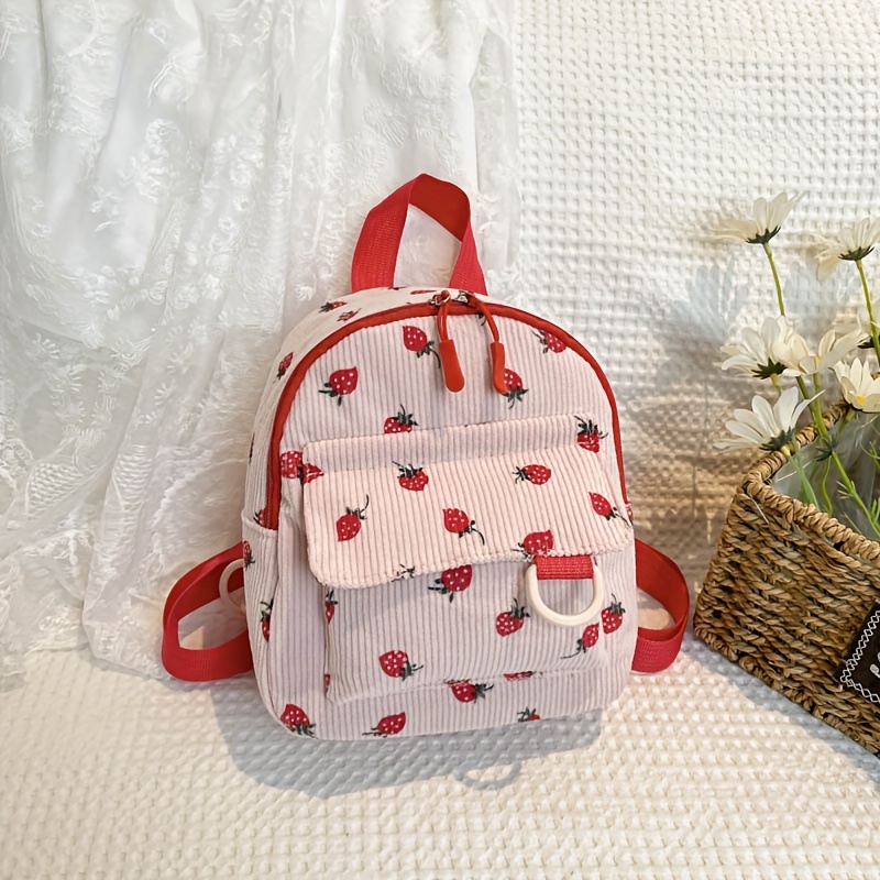 Kawaii White Vertical Corduroy Small Backpack Red Strawberry Pattern Multi Compartment Adjustable Straps Ladies Campus Daily Mini Travel Backpack_voghion.com
