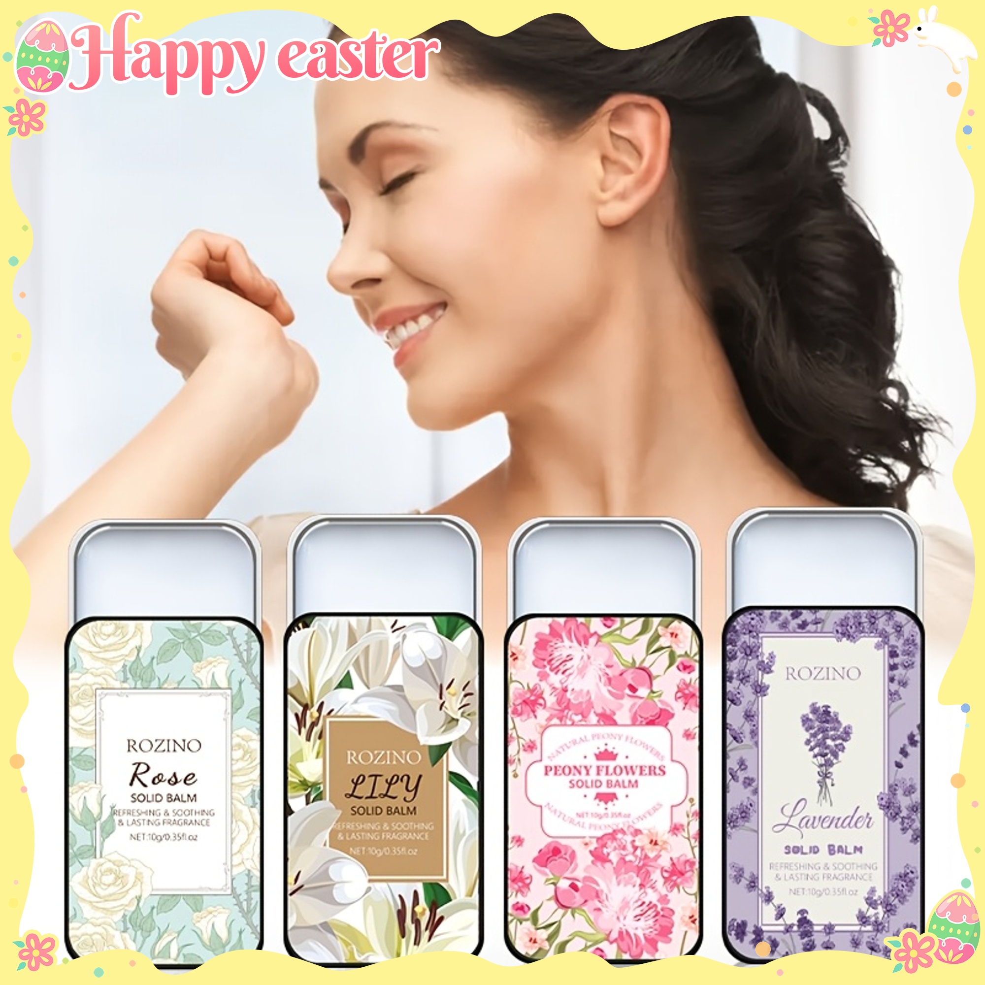 Een set van 4 vaste parfums, elk met de geuren van lavendel, lelie, pioenroos en roos. Deze verfrissende geuren zijn_voghion.com