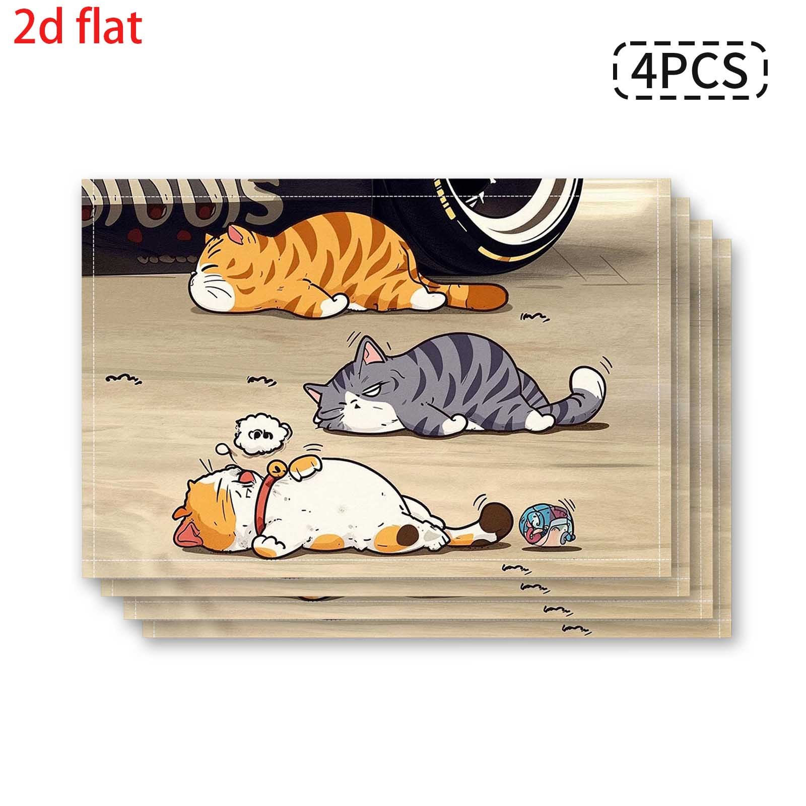 Ensemble de 4 sets de table à motifs de chats faisant la sieste, avec une route gris clair en arrière-plan, ornés de trois chats paresseux, forme douce et apaisante_voghion.com