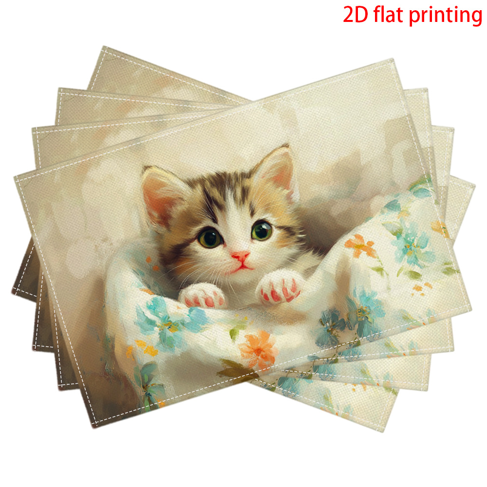 4 rechteckige Tischsets mit Katzenmotiv, geeignet für Esstische – hitzebeständige Tischschoner mit niedlichem Kätzchenmuster, leicht zu reinigen, handwaschbar_voghion.com