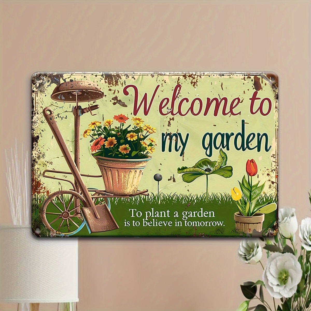 Vintage Welcome to My Garden Metal Tin Sign Rustic Floral Garden